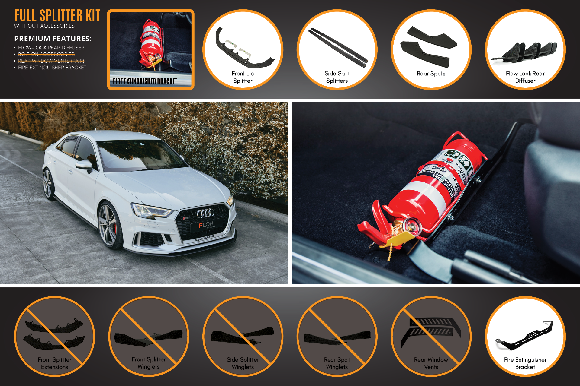 Flow Designs RS3 8V Sedan Facelift Full Lip Splitter Set - iilumolab