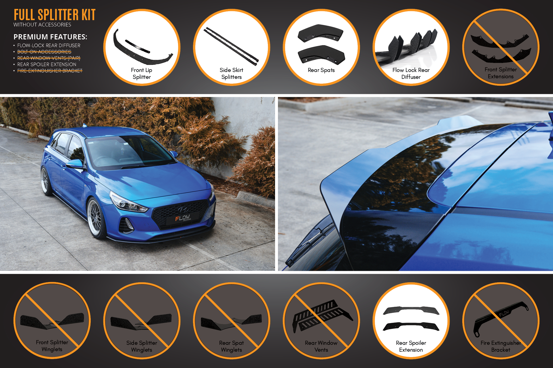 Flow Designs i30 SR Hatch (2017-2018) Full Lip Splitter Set