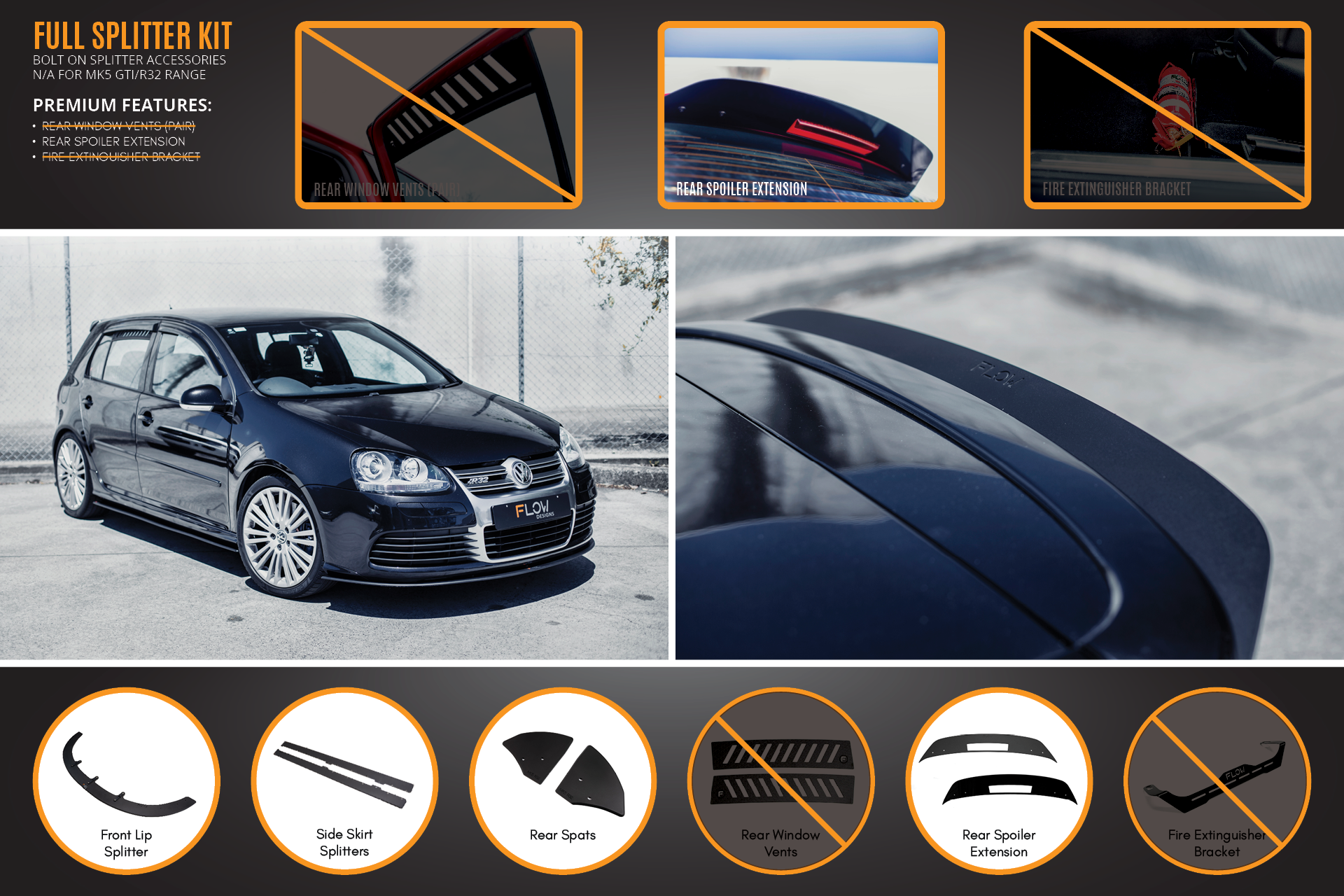 Flow Designs MK5 Golf R32 Full Lip Splitter Set - iilumolab