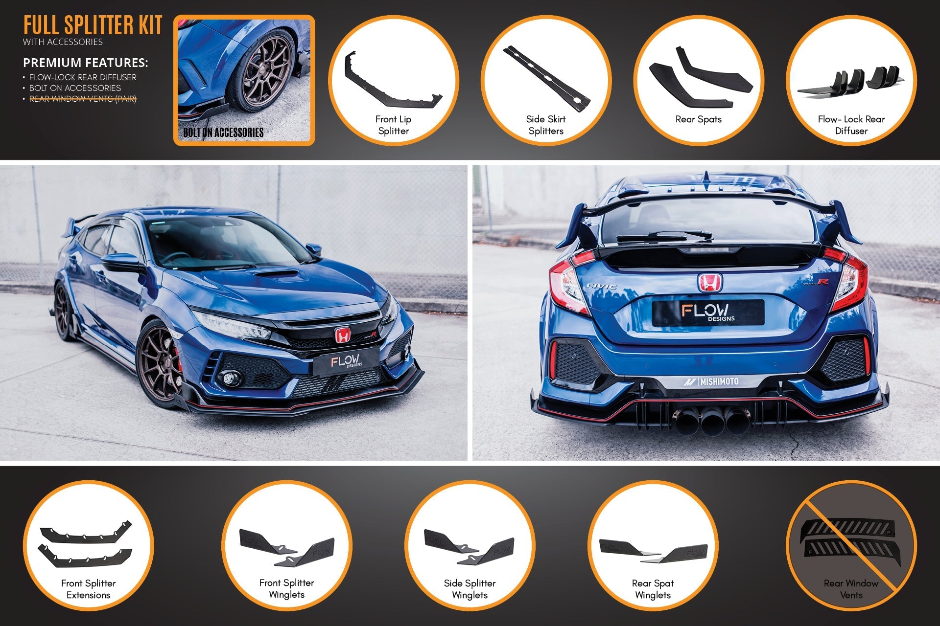 Flow Designs FK8 Civic Type R Full Lip Splitter Set - iilumolab