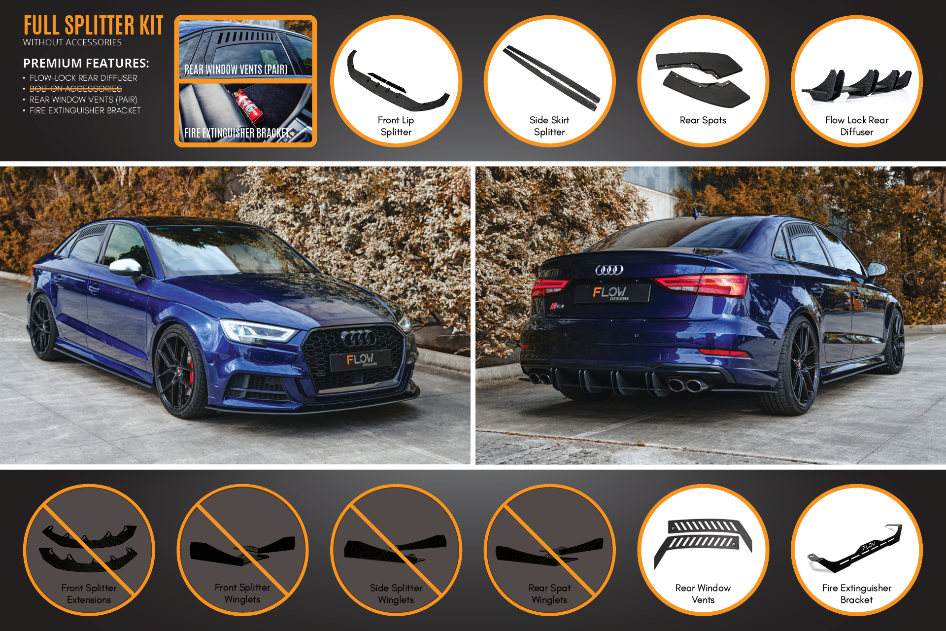 Flow Designs S3 8V Sedan Facelift Full Lip Splitter Set - iilumolab