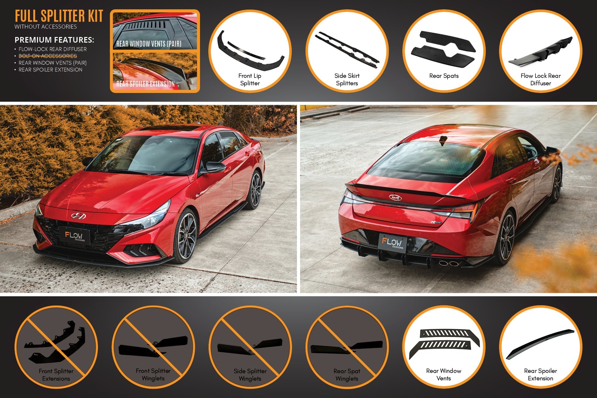 Flow Designs CN7 i30 N Line Sedan 2020 - 2022 Full Lip Splitter Set - iilumolab