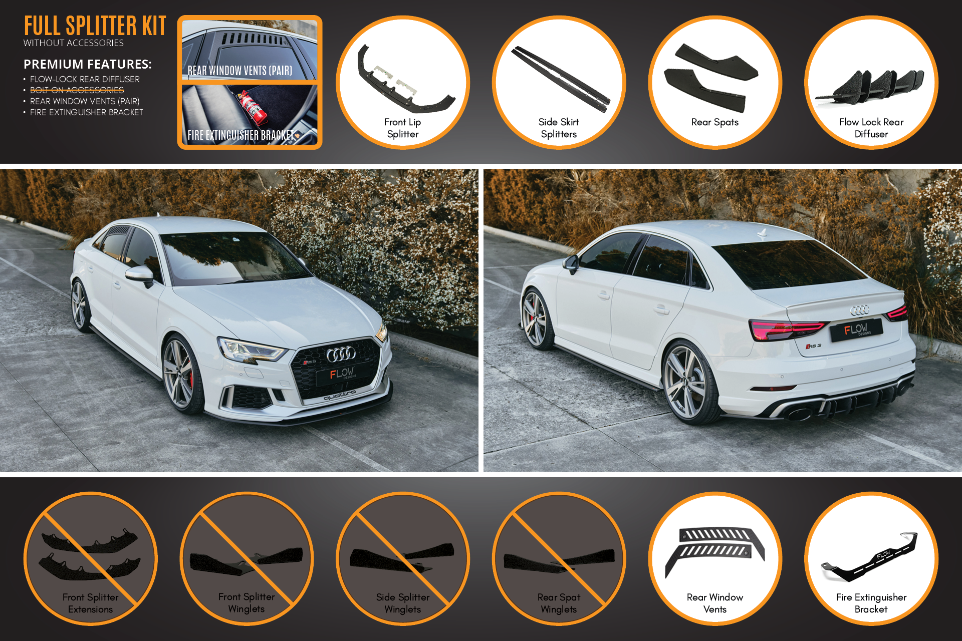 Flow Designs RS3 8V Sedan Facelift Full Lip Splitter Set - iilumolab