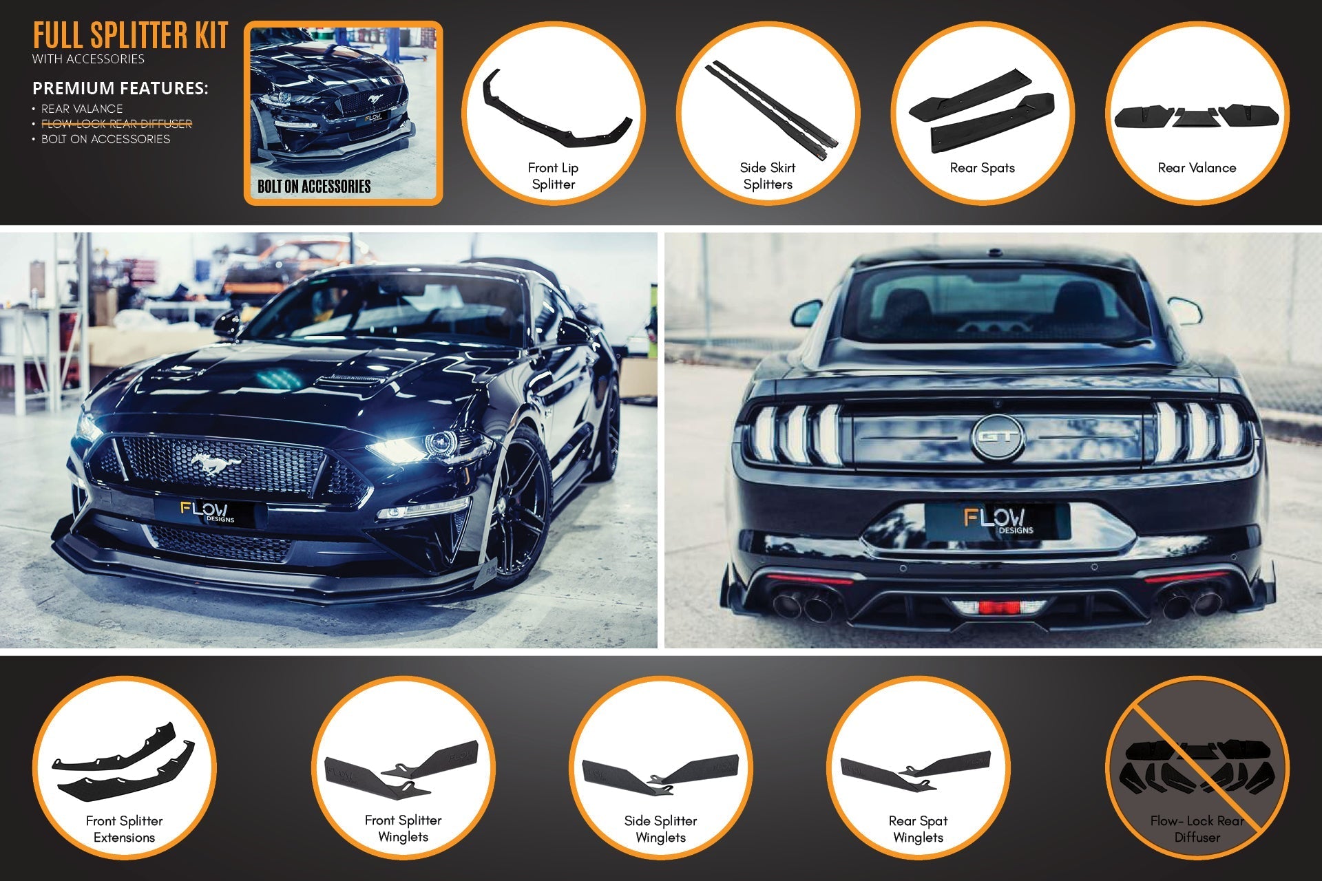 Flow Designs GT Mustang S550 FN Full Lip Splitter Set - iilumolab