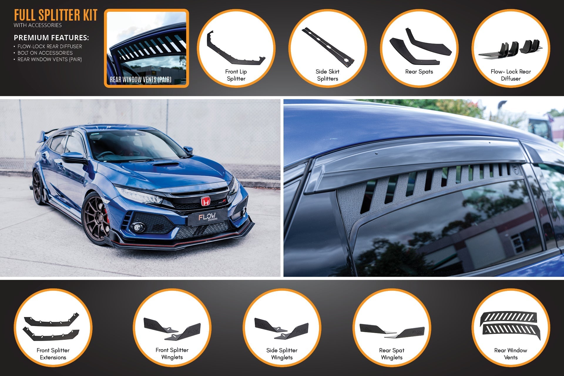 Flow Designs FK8 Civic Type R Full Lip Splitter Set - iilumolab