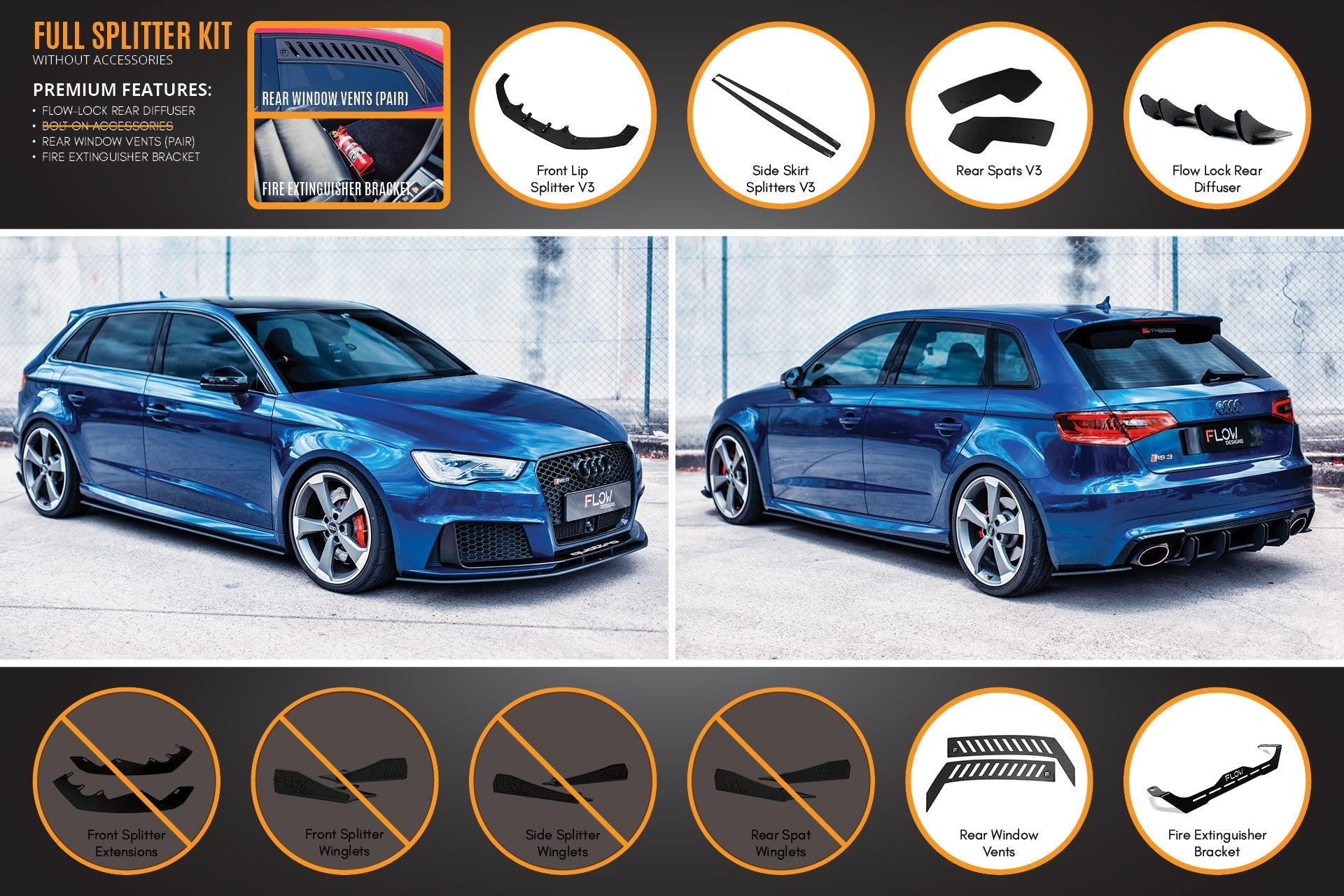 Flow Designs RS3 8V Sportback (Pre-Facelift) Full Lip Splitter Set - iilumolab