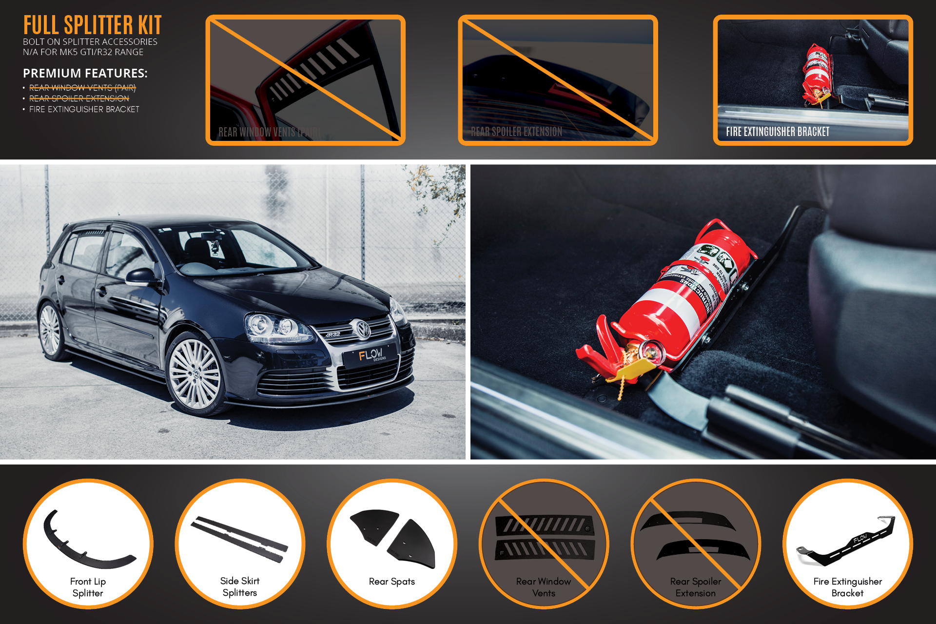 Flow Designs MK5 Golf R32 Full Lip Splitter Set - iilumolab