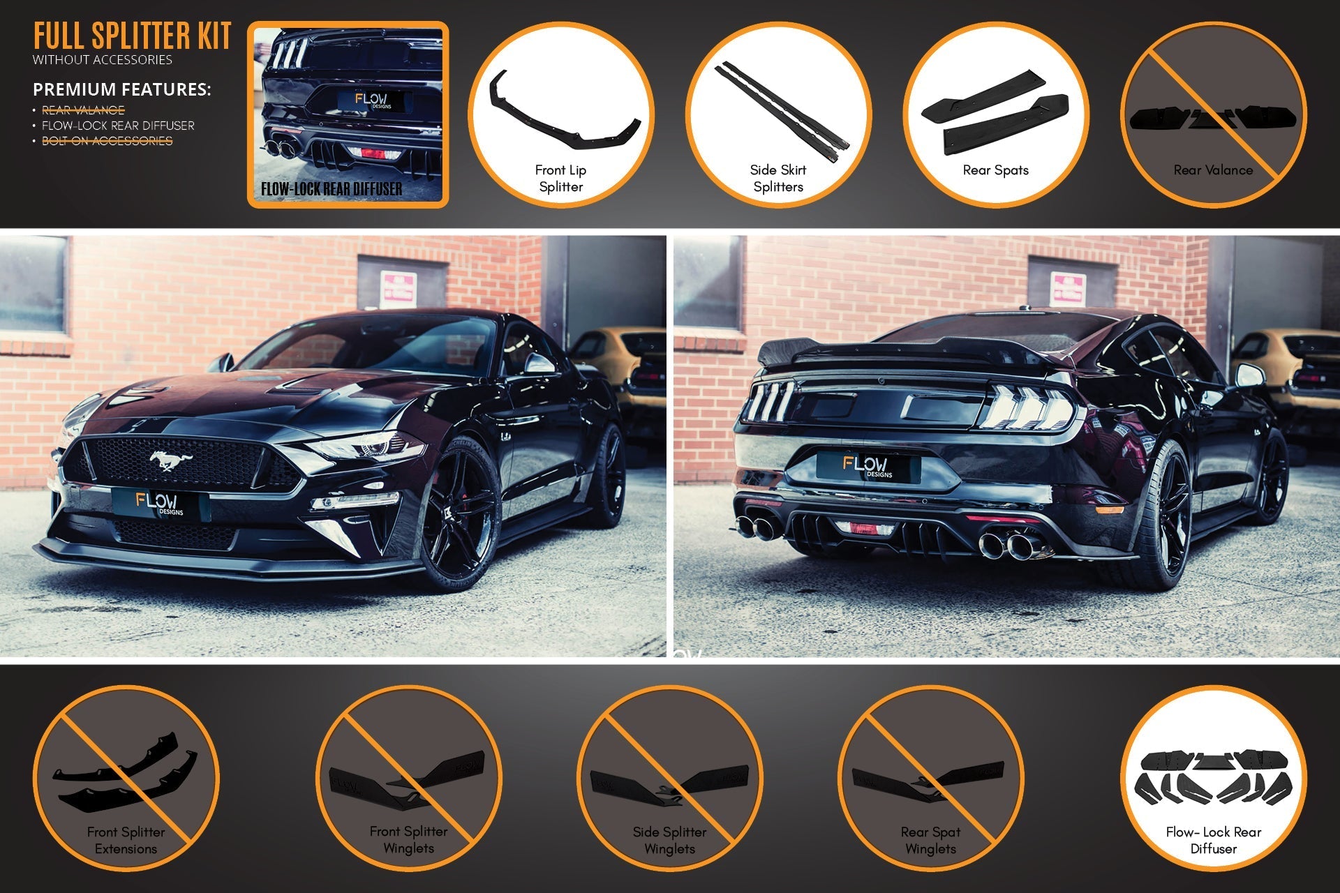 Flow Designs GT Mustang S550 FN Full Lip Splitter Set - iilumolab