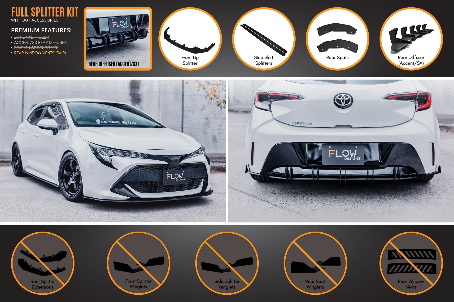 Flow Designs Corolla MZEA12R/ZWE211R 2018-2022 Full Lip Splitter Set - iilumolab