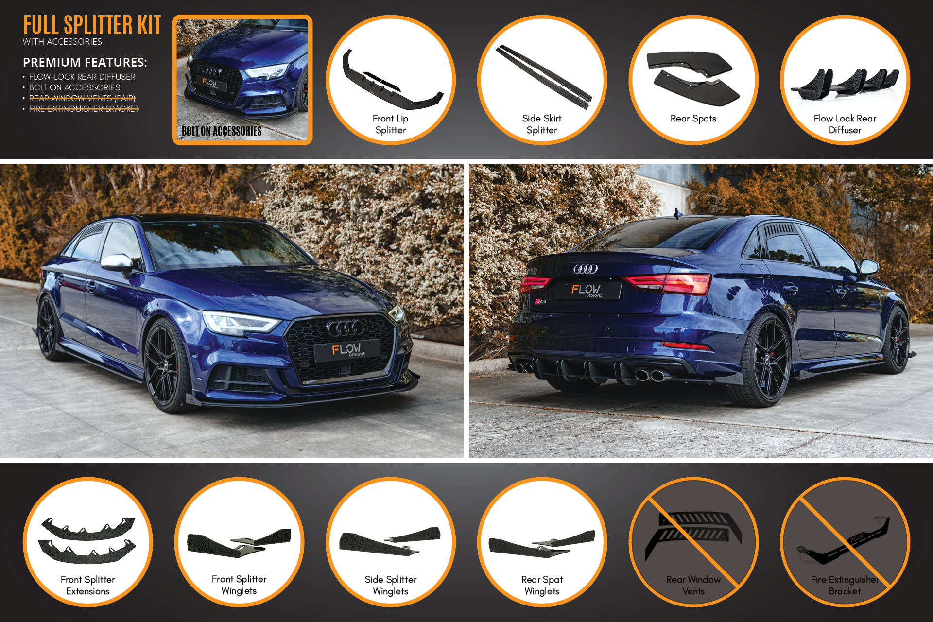 Flow Designs S3 8V Sedan Facelift Full Lip Splitter Set - iilumolab