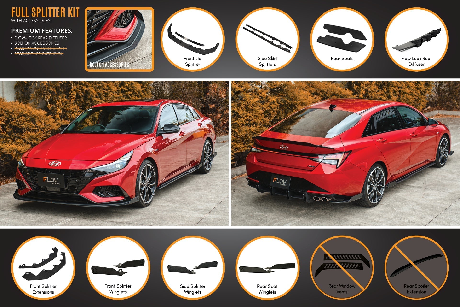 Flow Designs CN7 i30 N Line Sedan 2020 - 2022 Full Lip Splitter Set - iilumolab