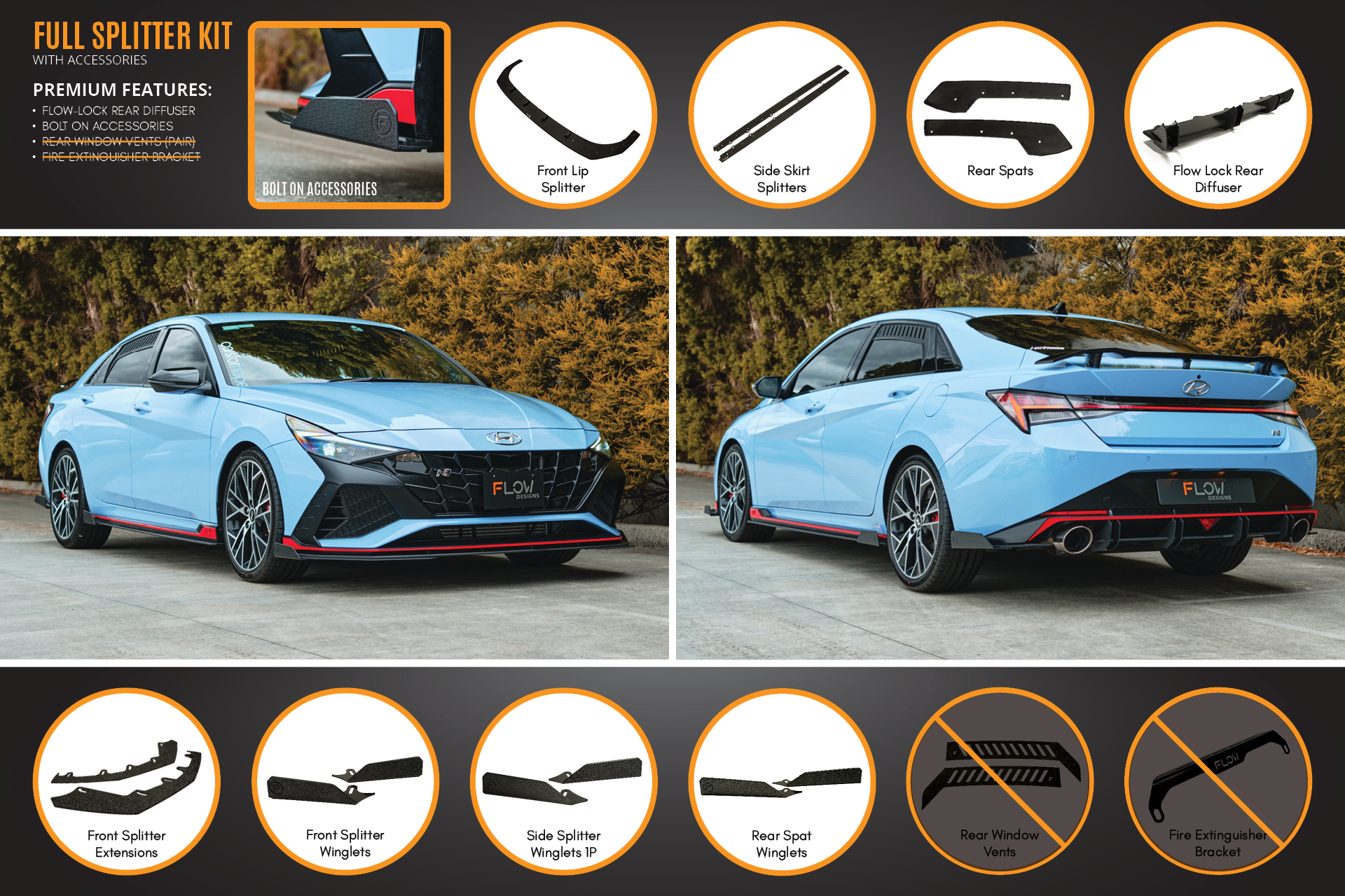 Flow Designs CN7 i30N Sedan 2021-2023 Full Lip Splitter Set - iilumolab
