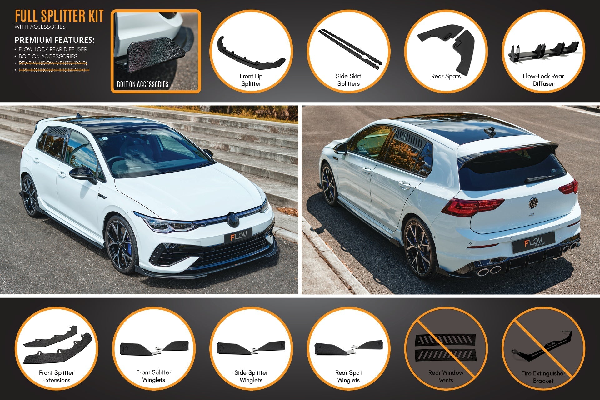 Flow Designs MK8 Golf R Full Lip Splitter Set - iilumolab