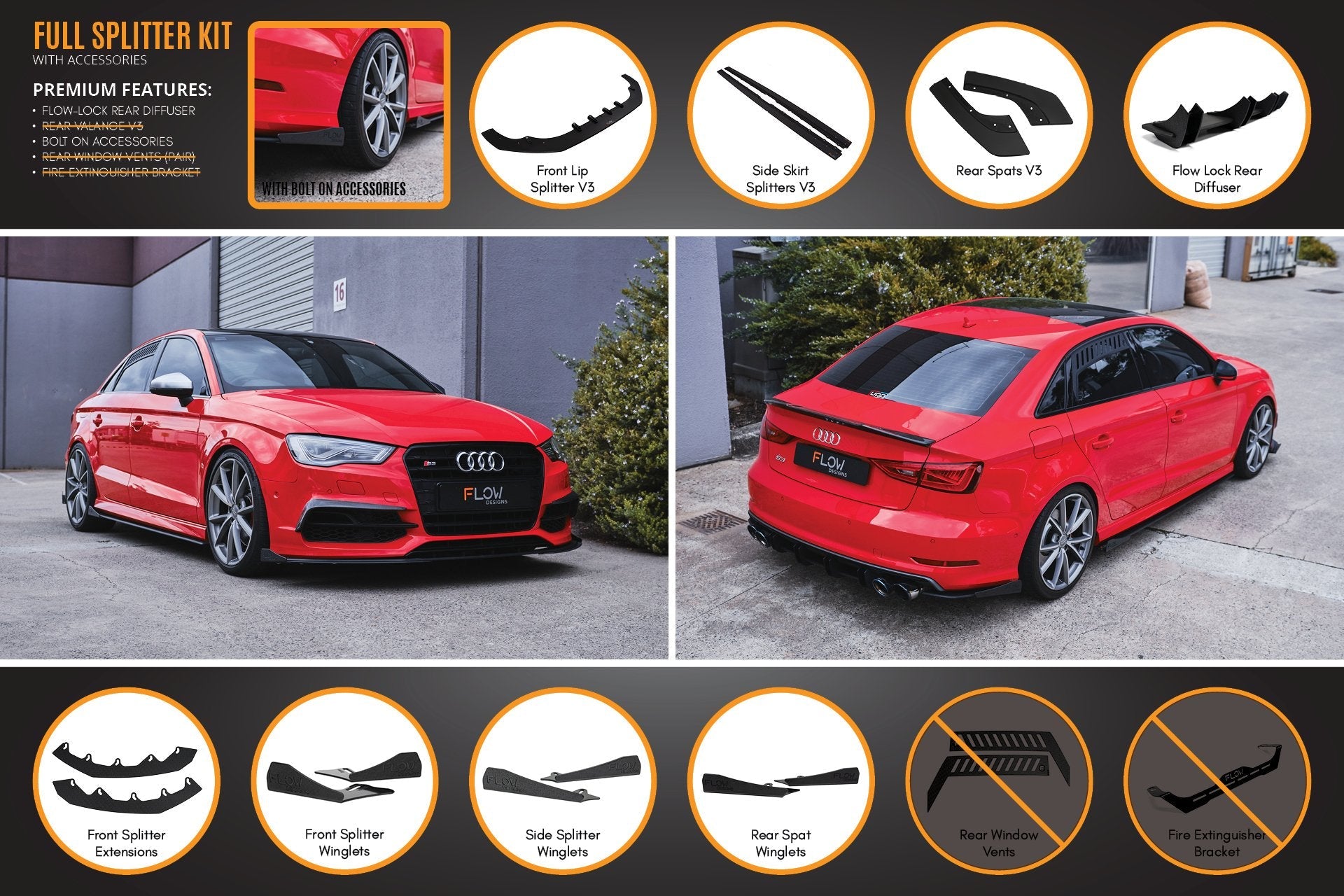 Flow Designs S3 8V Sedan Pre-Facelift V3 Full Lip Splitter Set - iilumolab