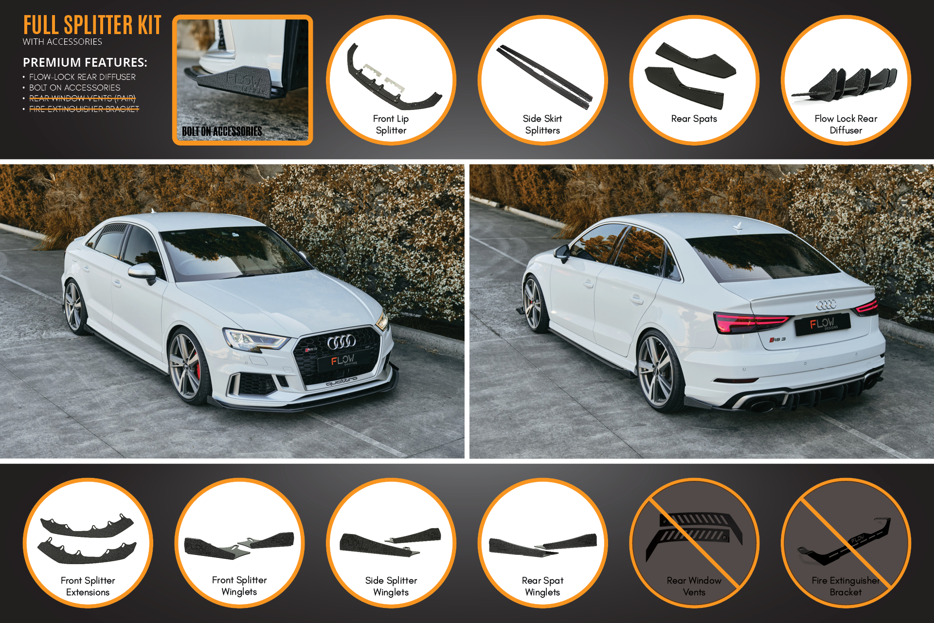 Flow Designs RS3 8V Sedan Facelift Full Lip Splitter Set - iilumolab