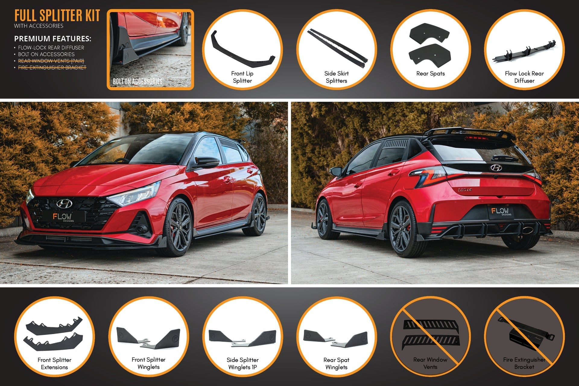 Flow Designs i20 N BC3 Pre-Facelift Full Lip Splitter Set - iilumolab