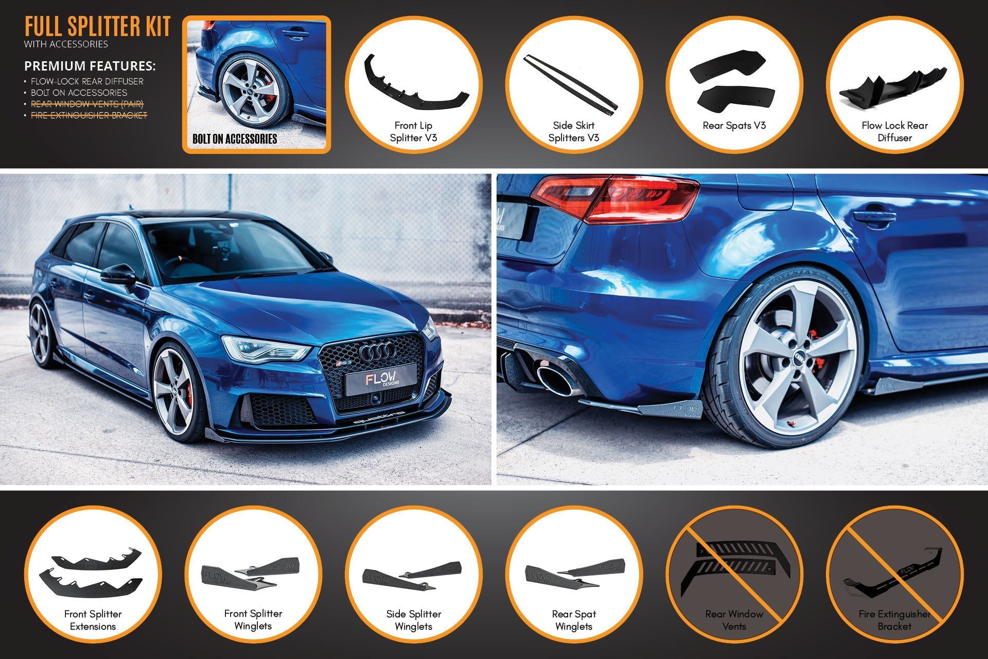 Flow Designs RS3 8V Sportback (Pre-Facelift) Full Lip Splitter Set - iilumolab