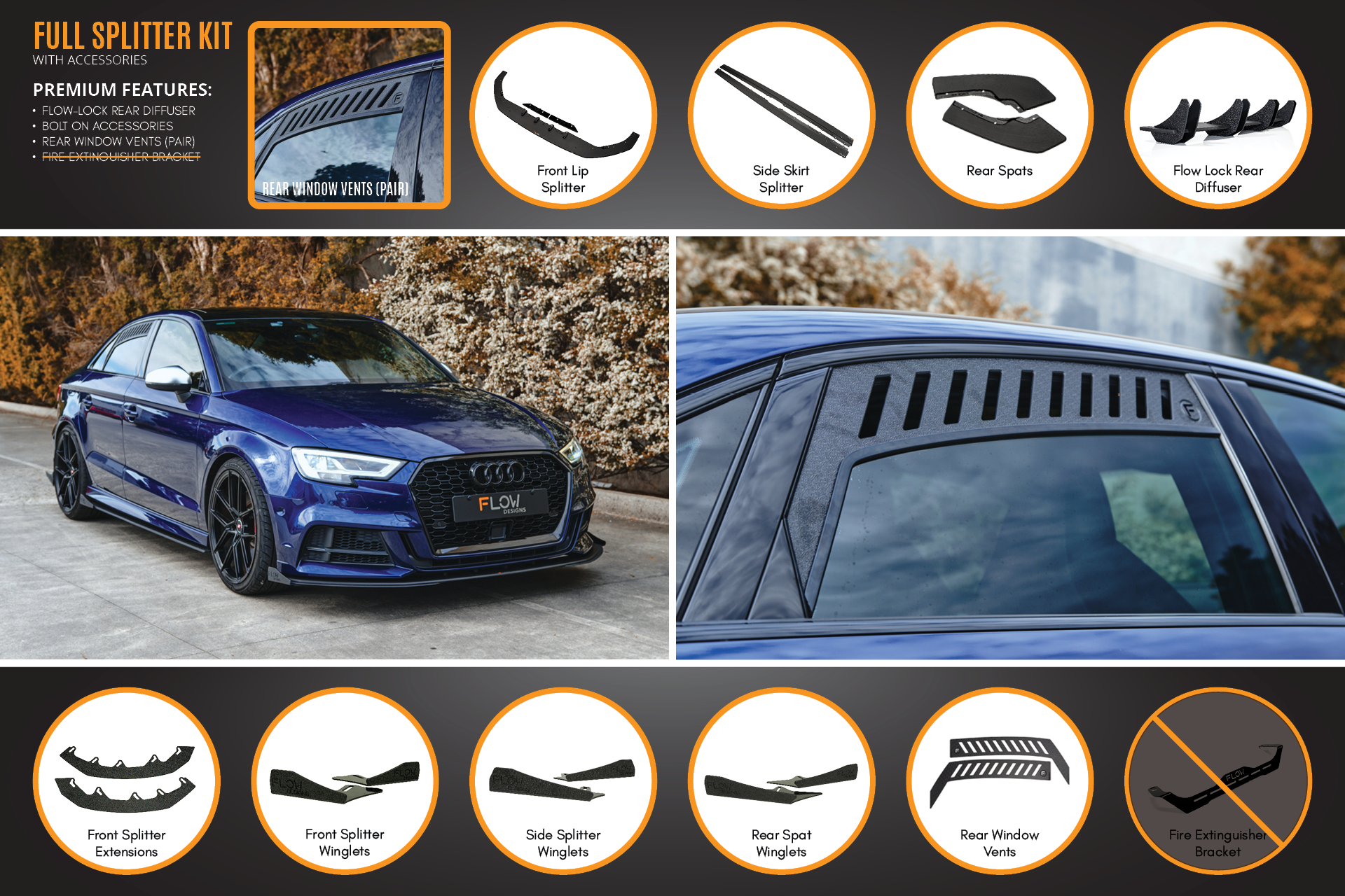 Flow Designs S3 8V Sedan Facelift Full Lip Splitter Set - iilumolab