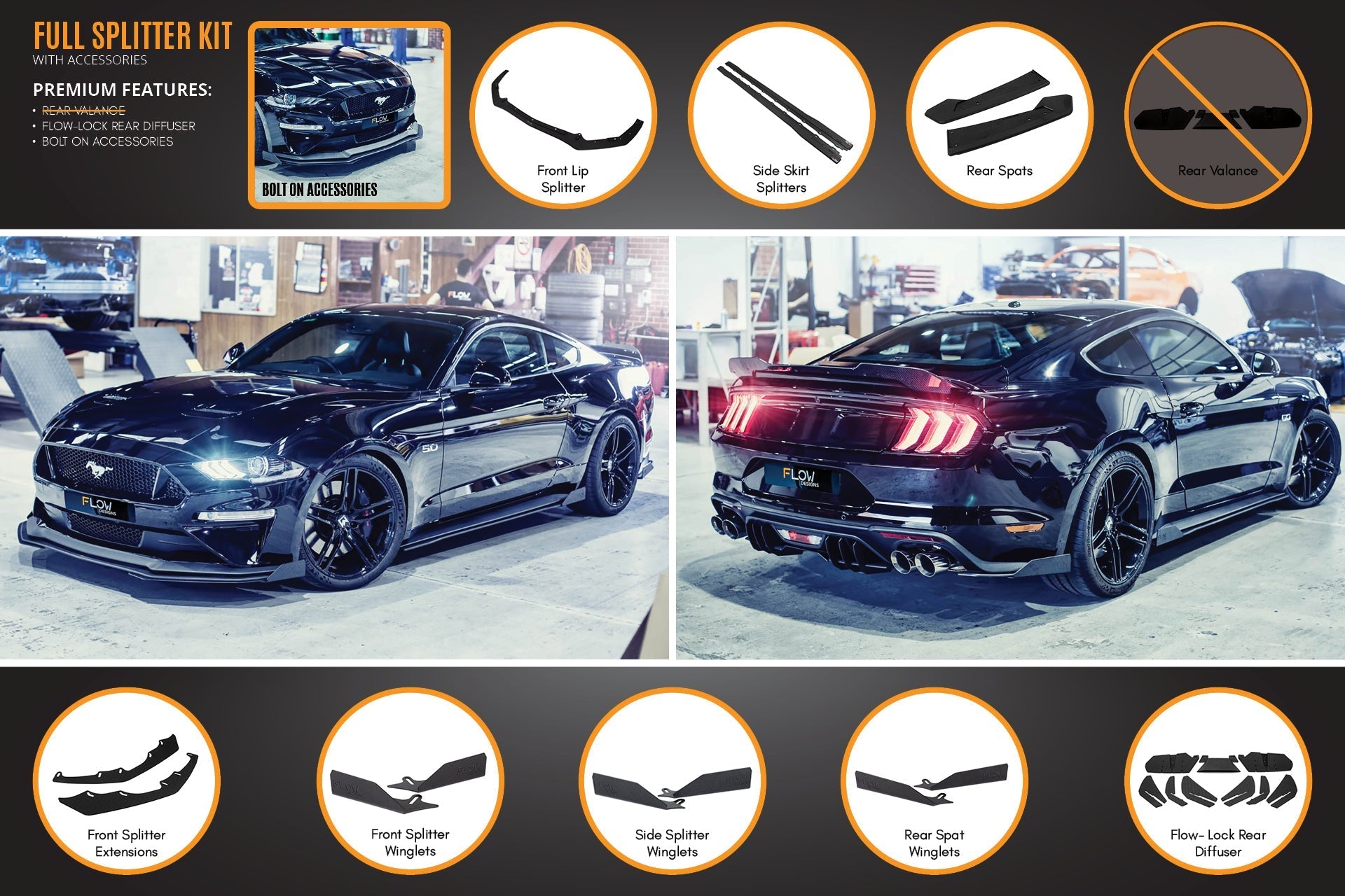 Flow Designs GT Mustang S550 FN Full Lip Splitter Set - iilumolab
