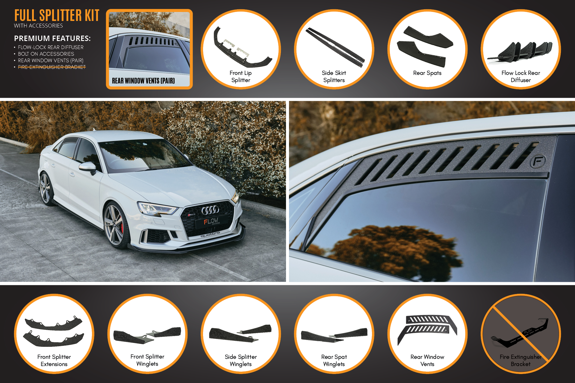 Flow Designs RS3 8V Sedan Facelift Full Lip Splitter Set - iilumolab