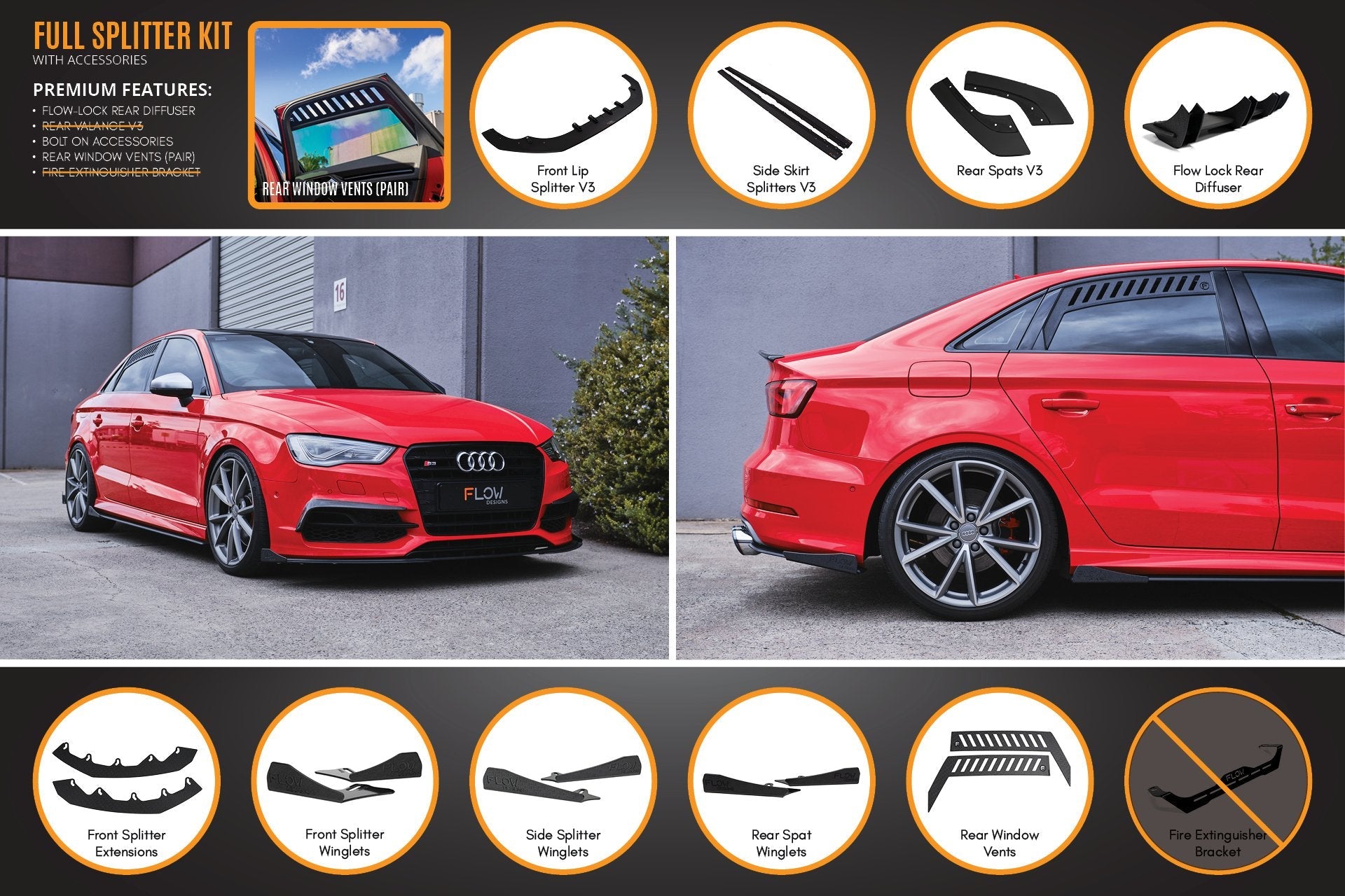 Flow Designs S3 8V Sedan Pre-Facelift V3 Full Lip Splitter Set - iilumolab