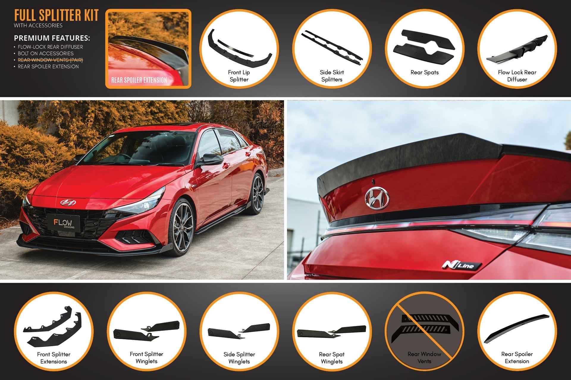 Flow Designs CN7 i30 N Line Sedan 2020 - 2022 Full Lip Splitter Set - iilumolab