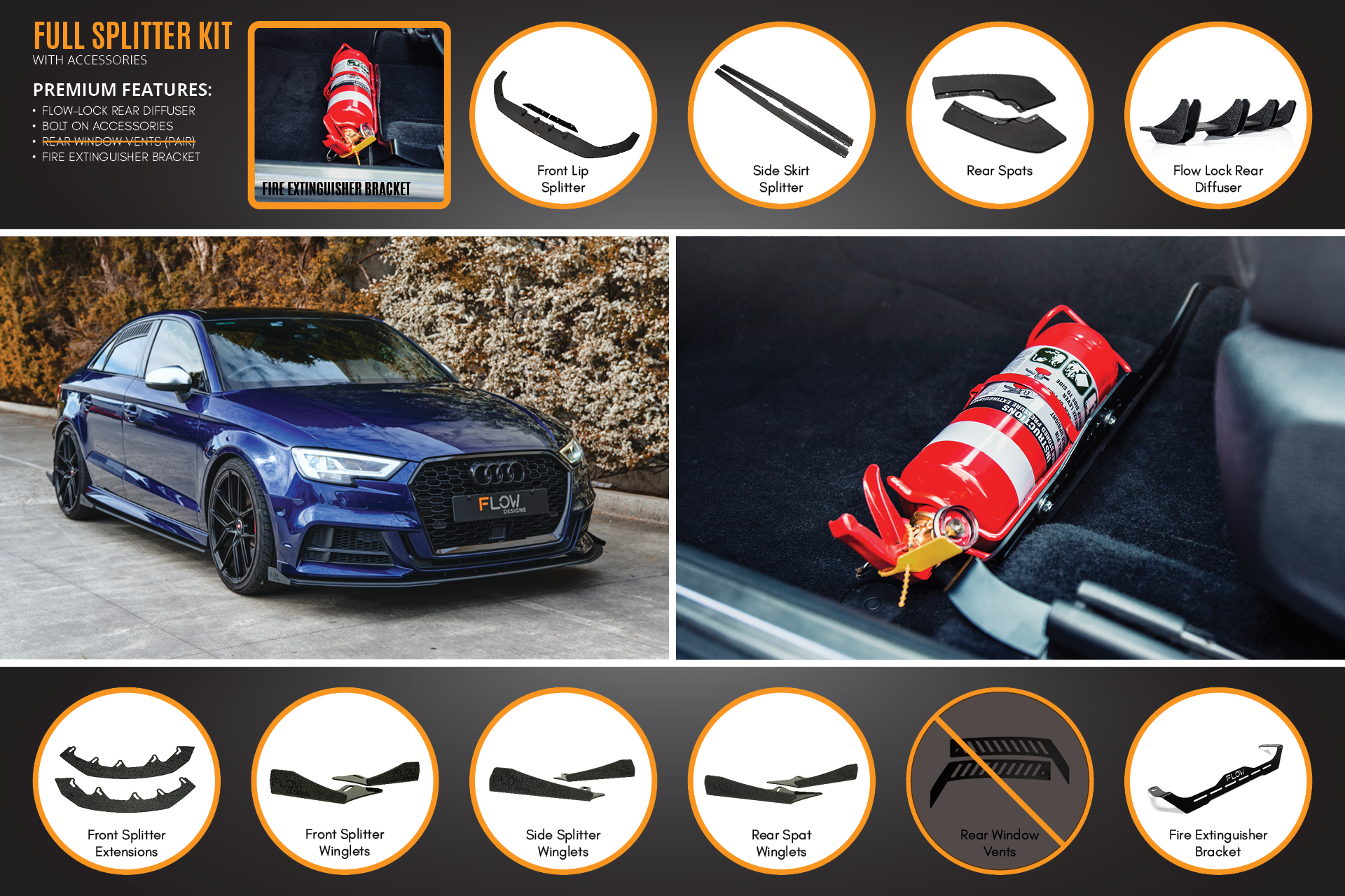 Flow Designs S3 8V Sedan Facelift Full Lip Splitter Set - iilumolab