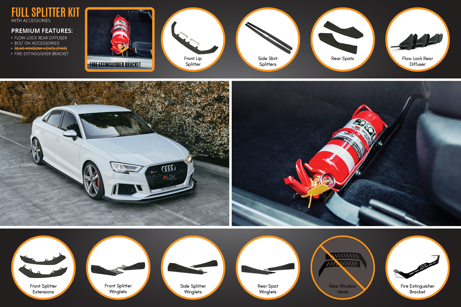 Flow Designs RS3 8V Sedan Facelift Full Lip Splitter Set - iilumolab