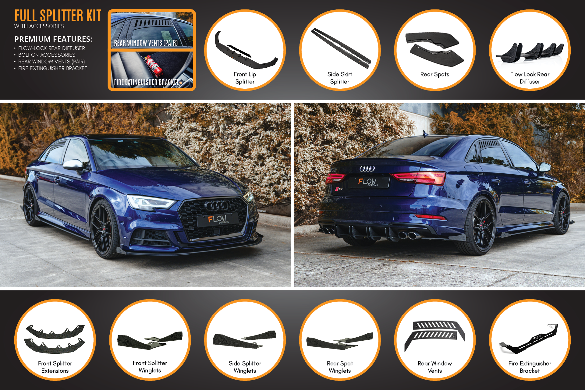 Flow Designs S3 8V Sedan Facelift Full Lip Splitter Set - iilumolab