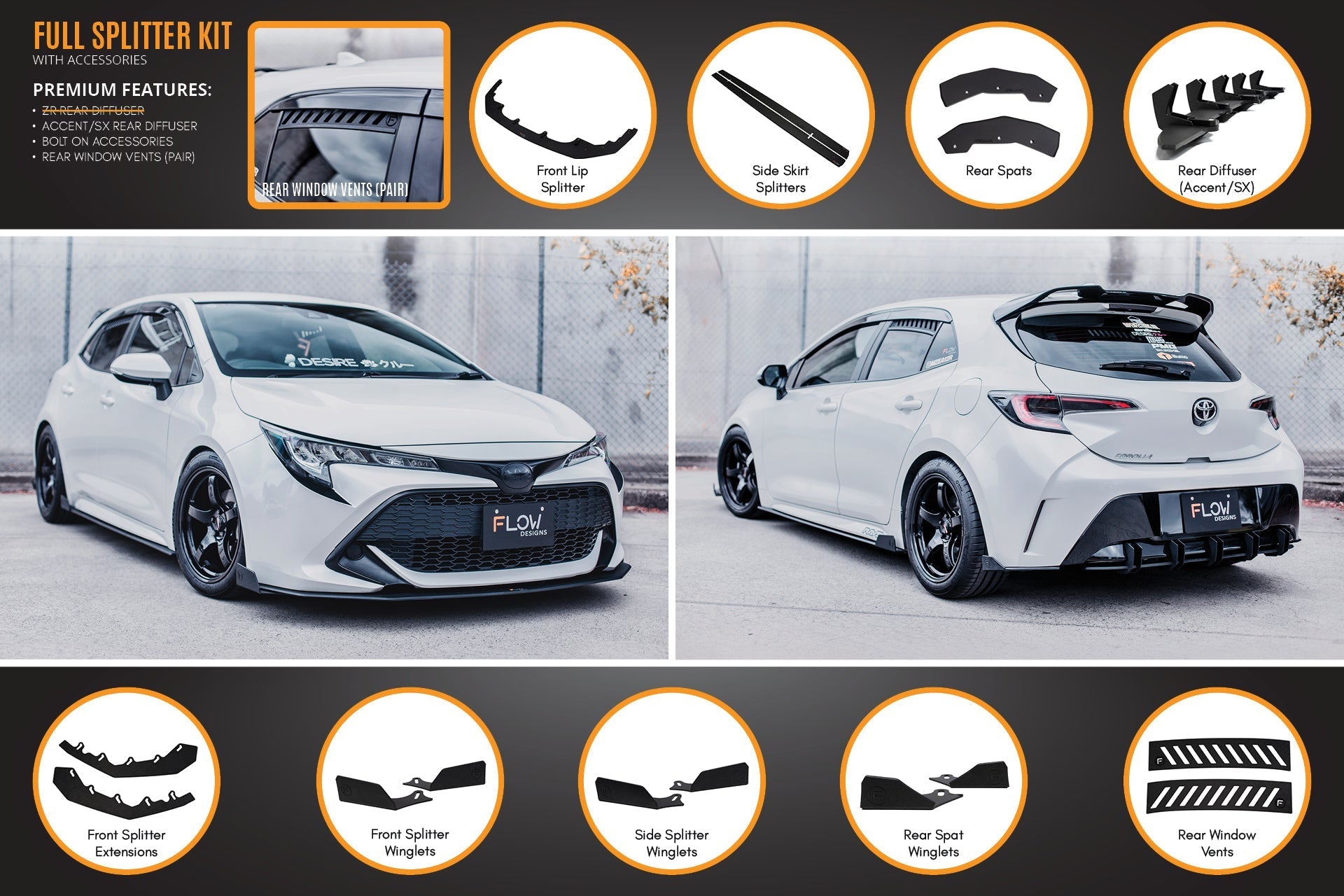 Flow Designs Corolla MZEA12R/ZWE211R 2018-2022 Full Lip Splitter Set - iilumolab
