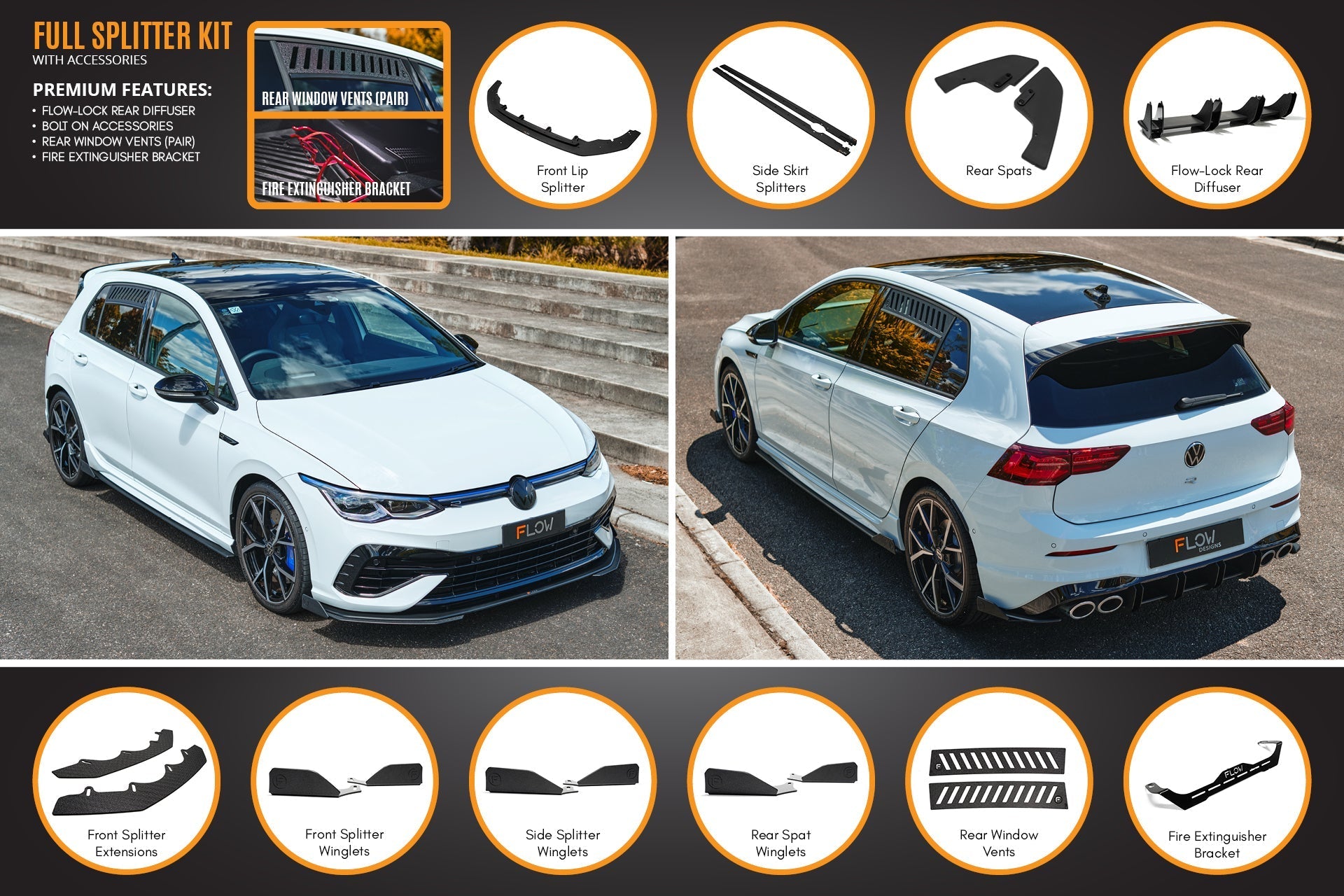 Flow Designs MK8 Golf R Full Lip Splitter Set - iilumolab