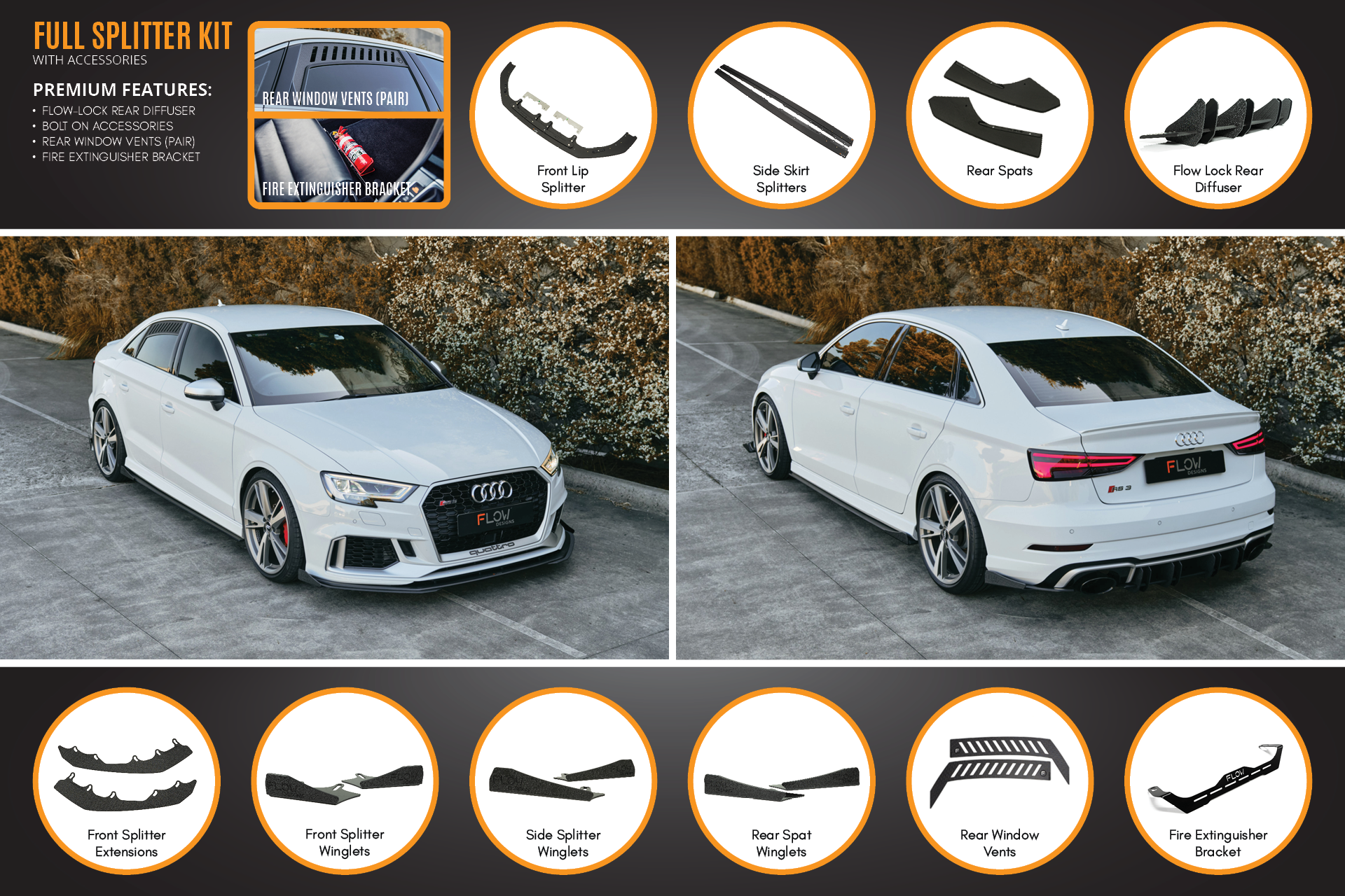 Flow Designs RS3 8V Sedan Facelift Full Lip Splitter Set - iilumolab