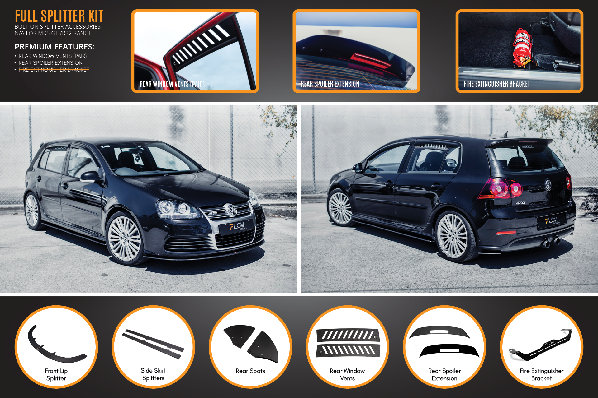 Flow Designs MK5 Golf R32 Full Lip Splitter Set - iilumolab