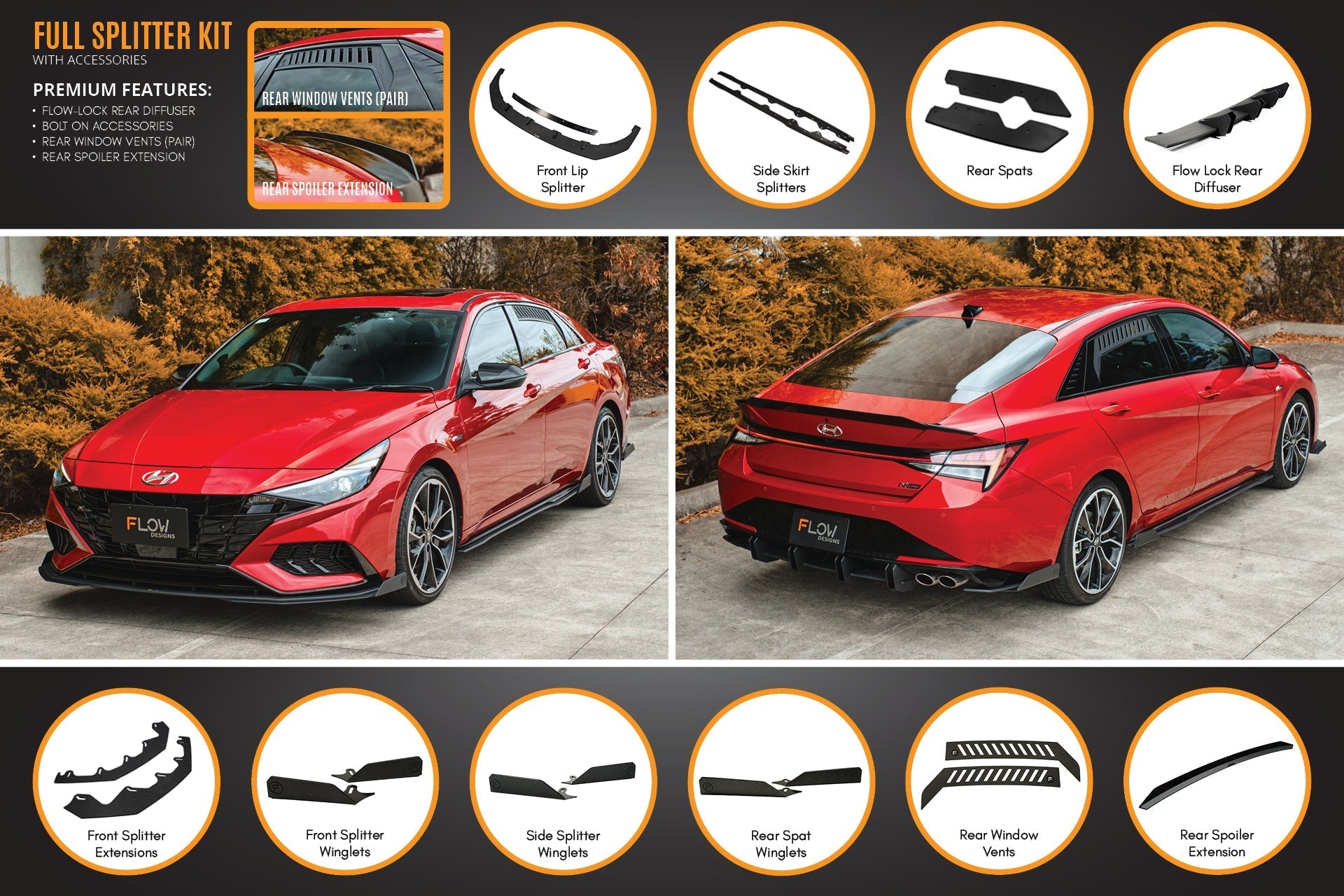 Flow Designs CN7 i30 N Line Sedan 2020 - 2022 Full Lip Splitter Set - iilumolab