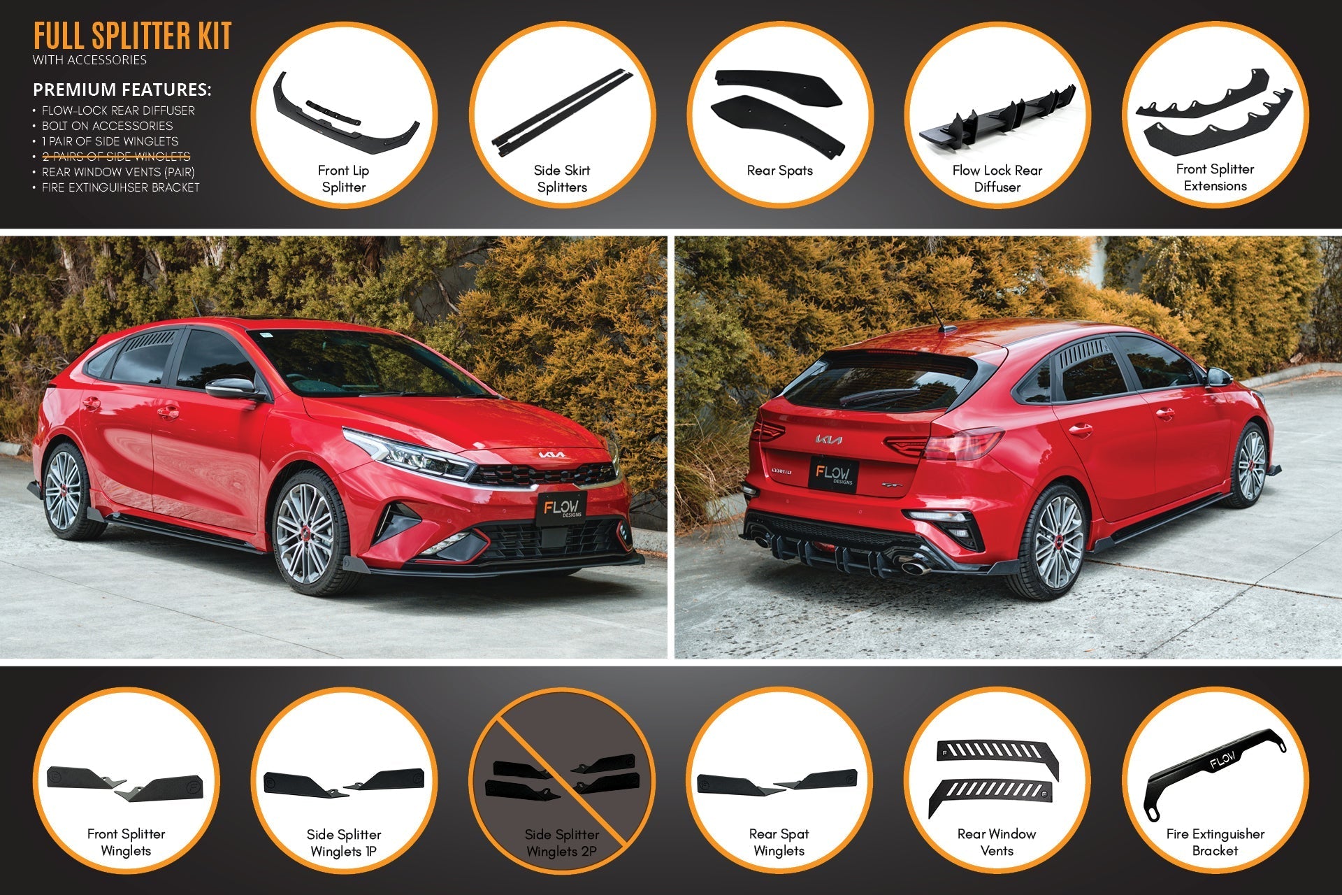 Flow Designs Cerato GT Hatch Facelift Full Lip Splitter Set - iilumolab