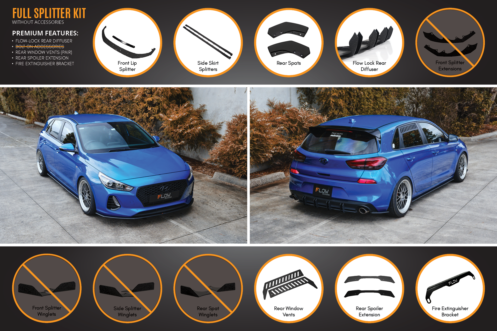 Flow Designs i30 SR Hatch (2017-2018) Full Lip Splitter Set