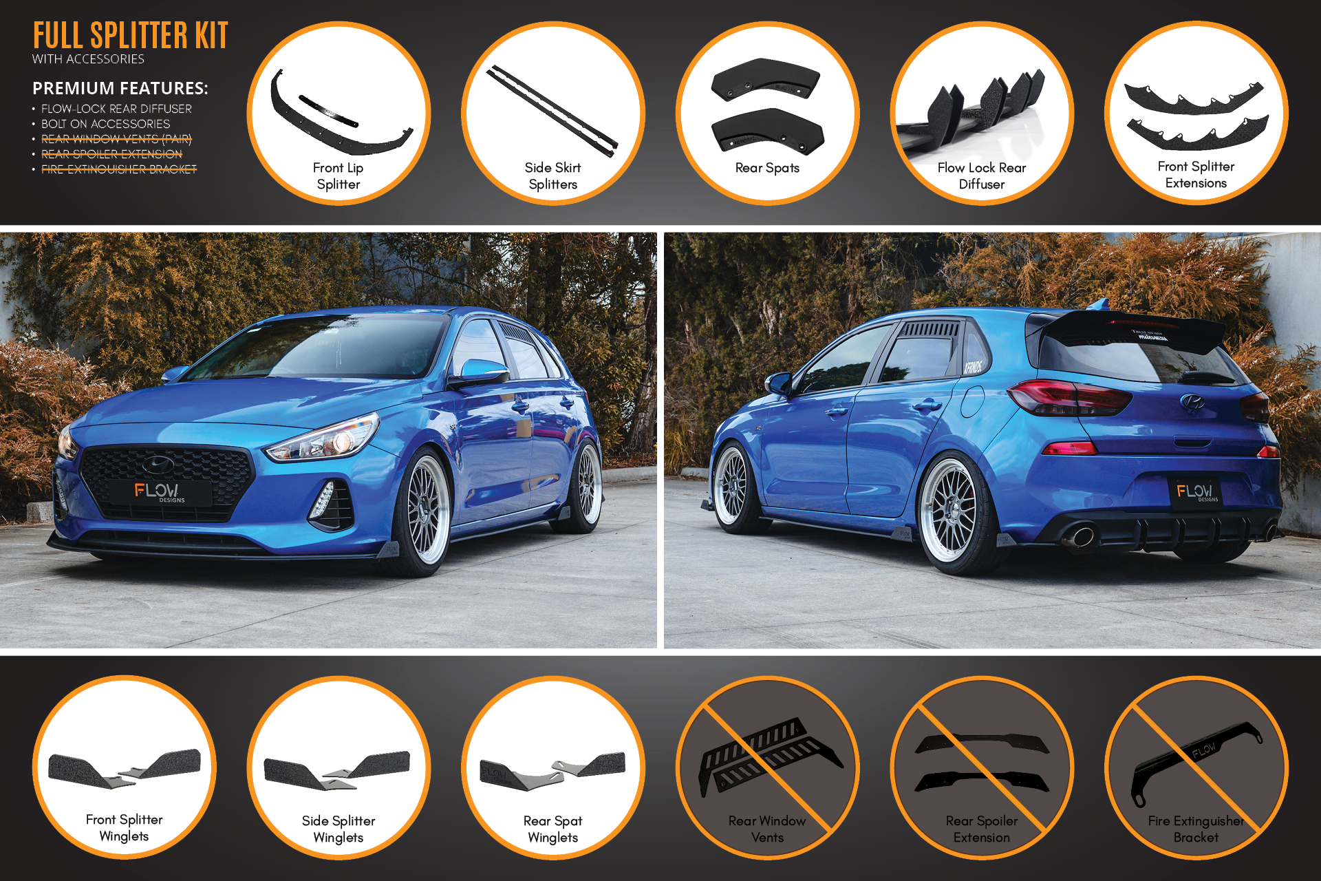 Flow Designs i30 SR Hatch (2017-2018) Full Lip Splitter Set