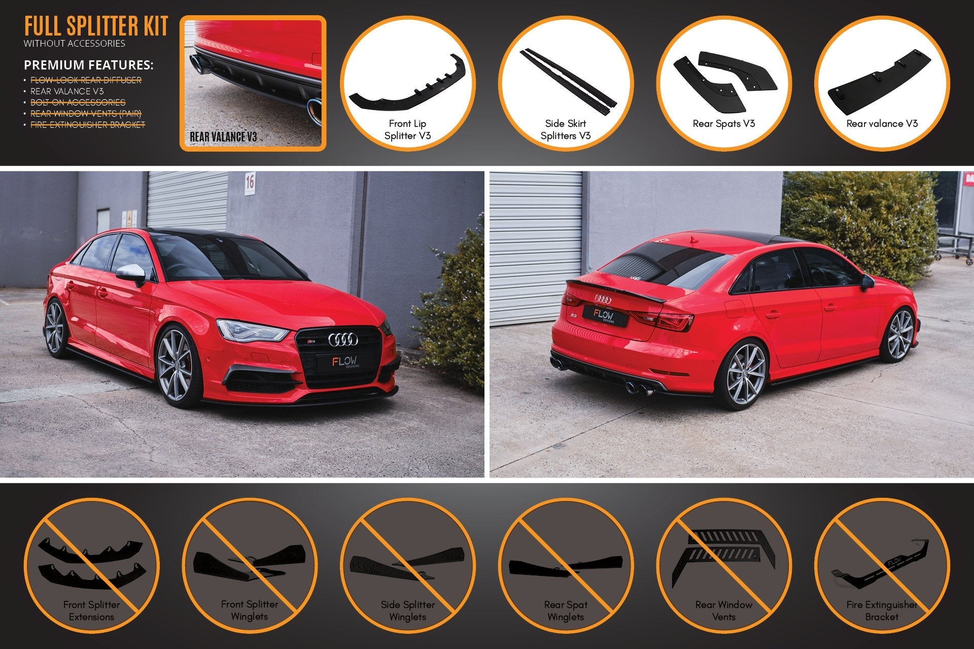 Flow Designs S3 8V Sedan Pre-Facelift V3 Full Lip Splitter Set - iilumolab