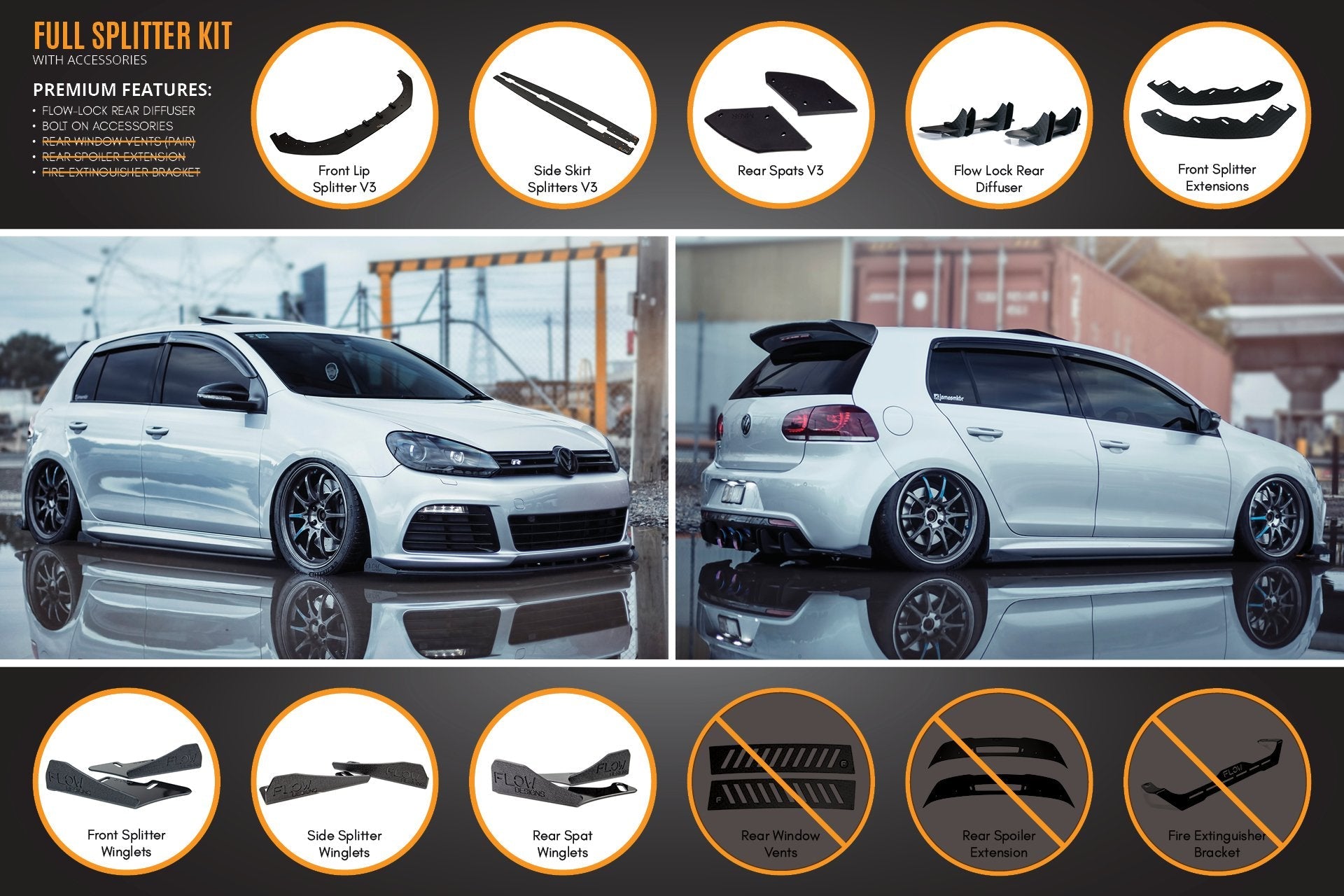 Flow Designs MK6 Golf R Full Lip Splitter Set - iilumolab