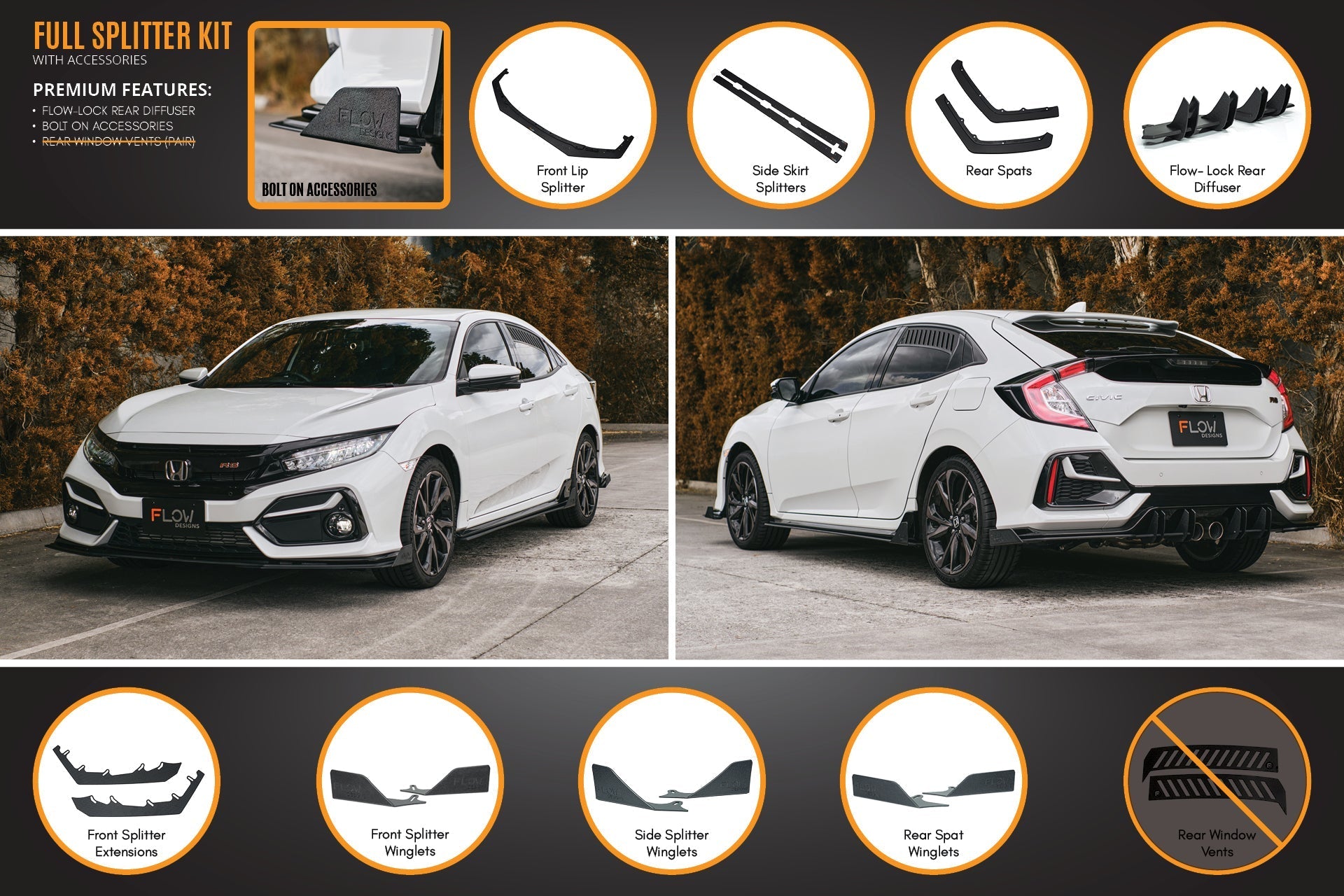 Flow Designs FK4/FK7 Civic RS Hatch FL Full Lip Splitter Set - iilumolab