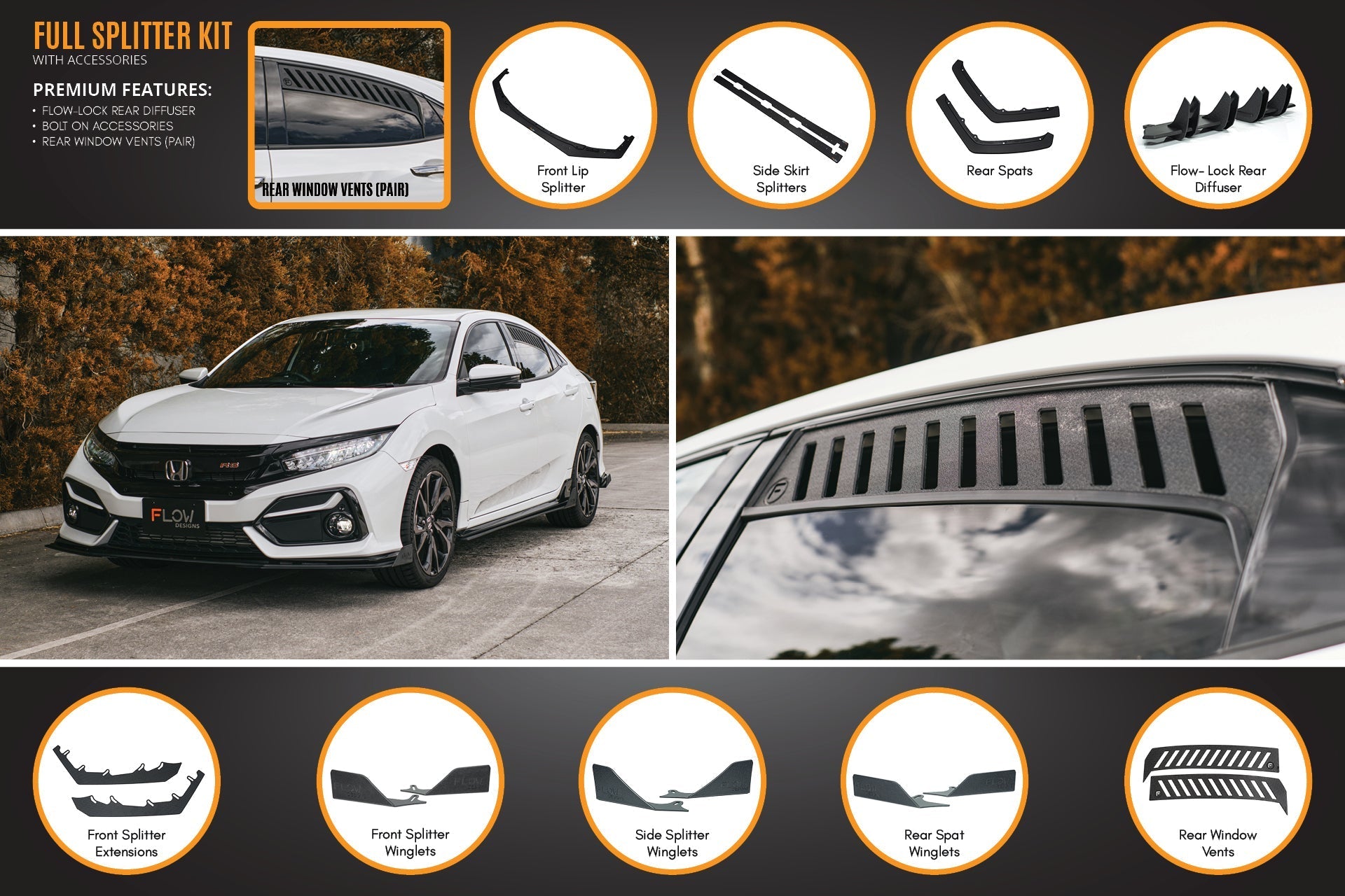 Flow Designs FK4/FK7 Civic RS Hatch FL Full Lip Splitter Set - iilumolab