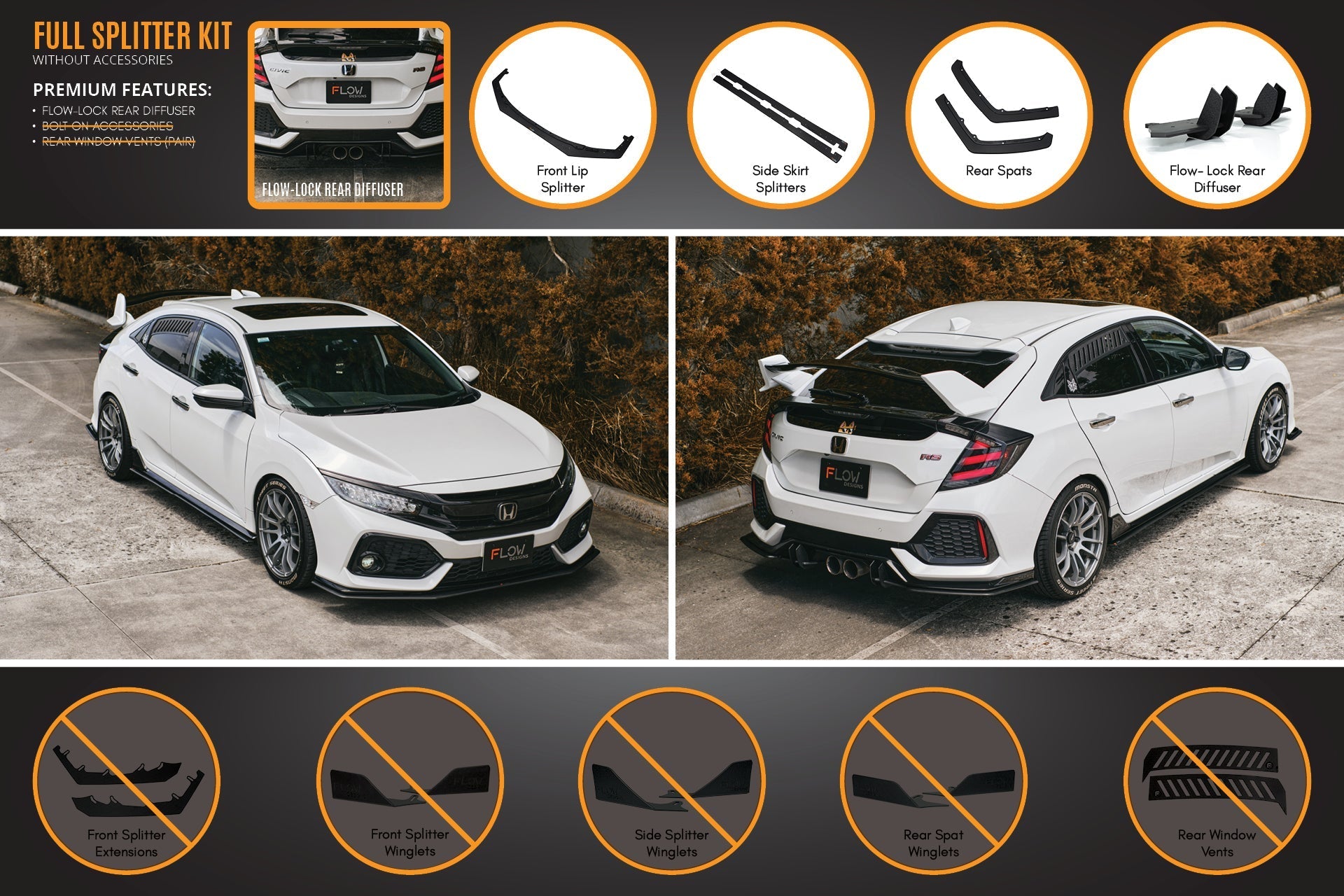Flow Designs FK4/FK7 Civic RS Hatch PFL Full Lip Splitter Set - iilumolab