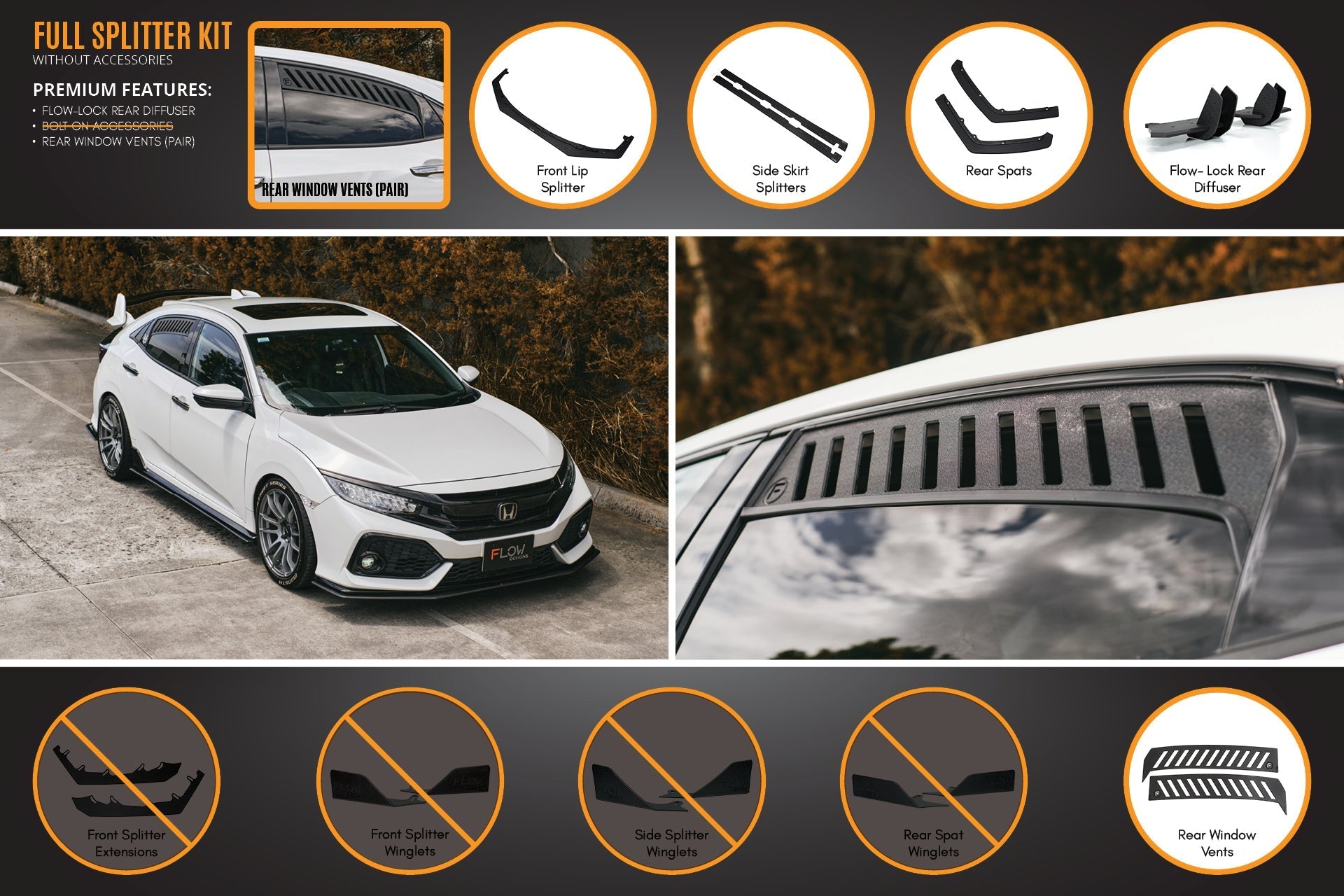 Flow Designs FK4/FK7 Civic RS Hatch PFL Full Lip Splitter Set - iilumolab