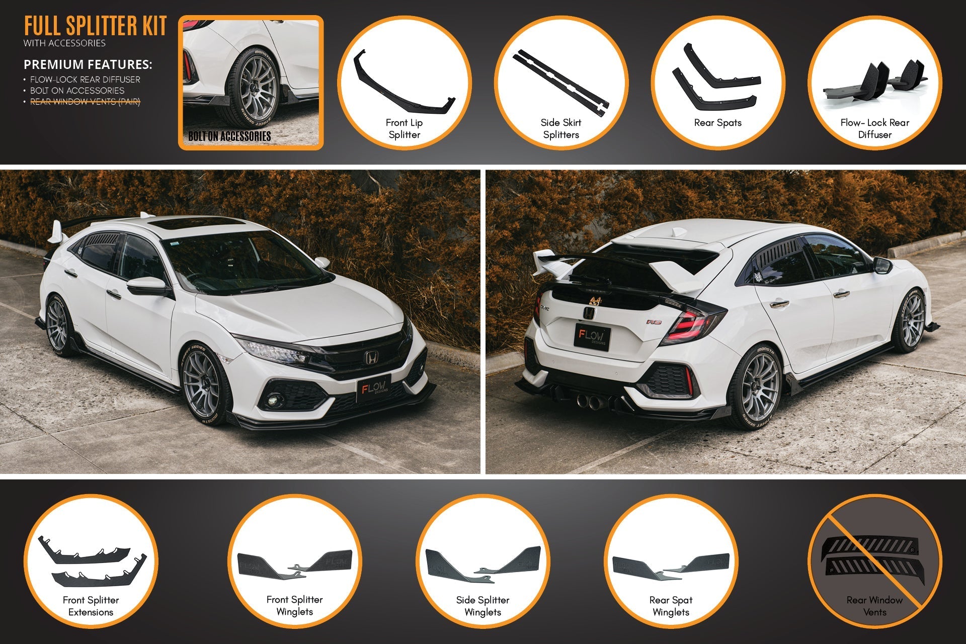 Flow Designs FK4/FK7 Civic RS Hatch PFL Full Lip Splitter Set - iilumolab
