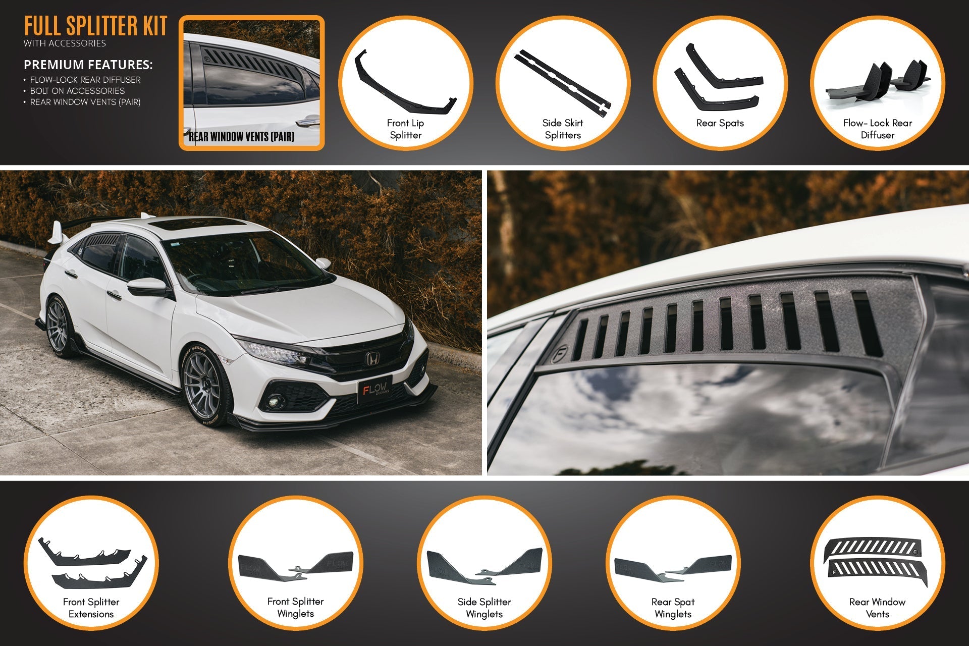 Flow Designs FK4/FK7 Civic RS Hatch PFL Full Lip Splitter Set - iilumolab