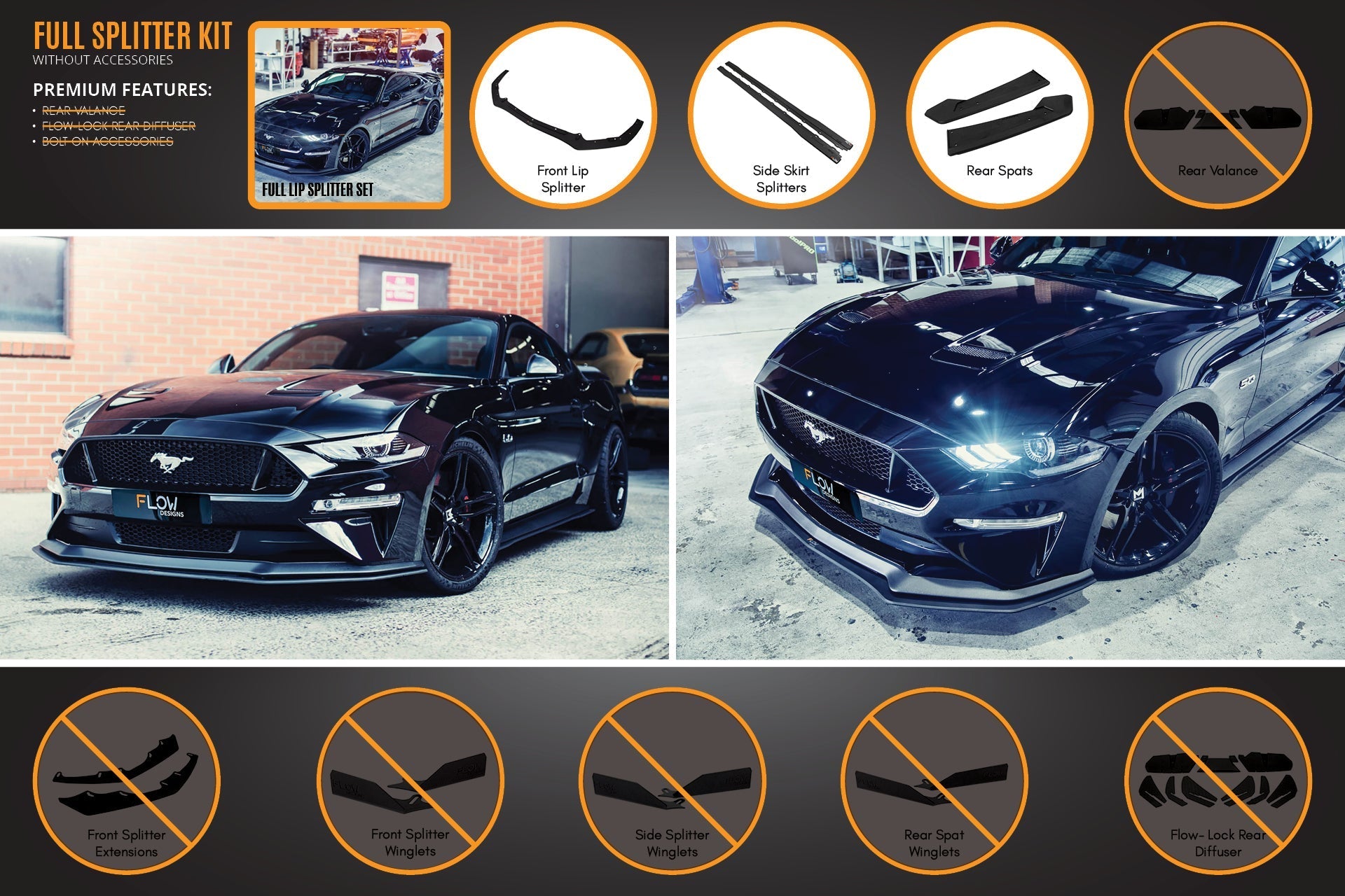Flow Designs GT Mustang S550 FN Full Lip Splitter Set - iilumolab
