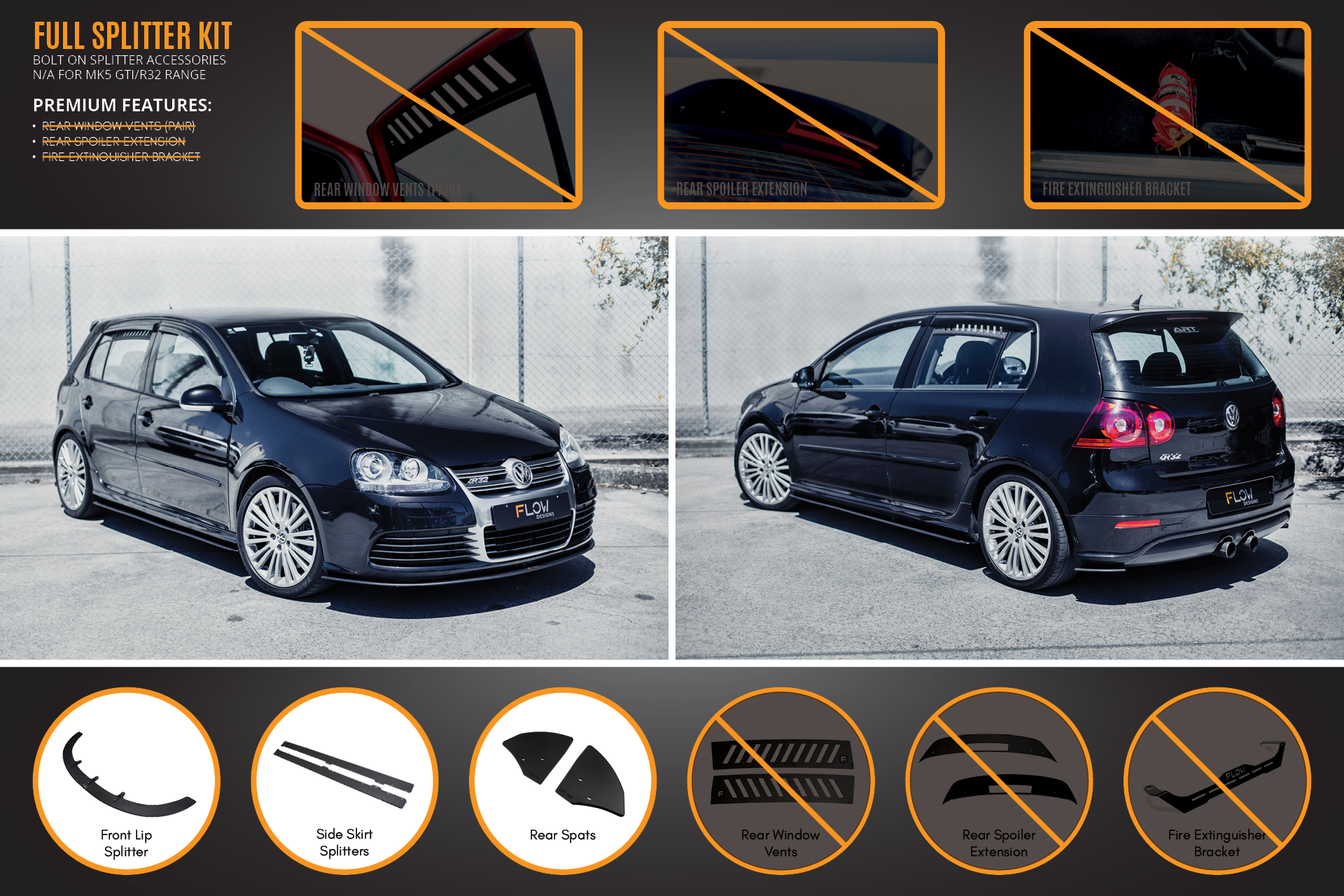 Flow Designs MK5 Golf R32 Full Lip Splitter Set - iilumolab