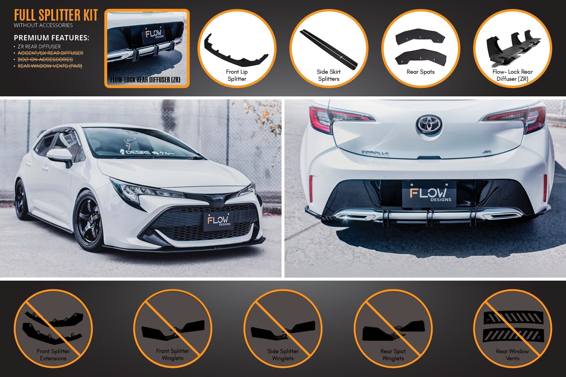 Flow Designs Corolla MZEA12R/ZWE211R 2018-2022 Full Lip Splitter Set - iilumolab