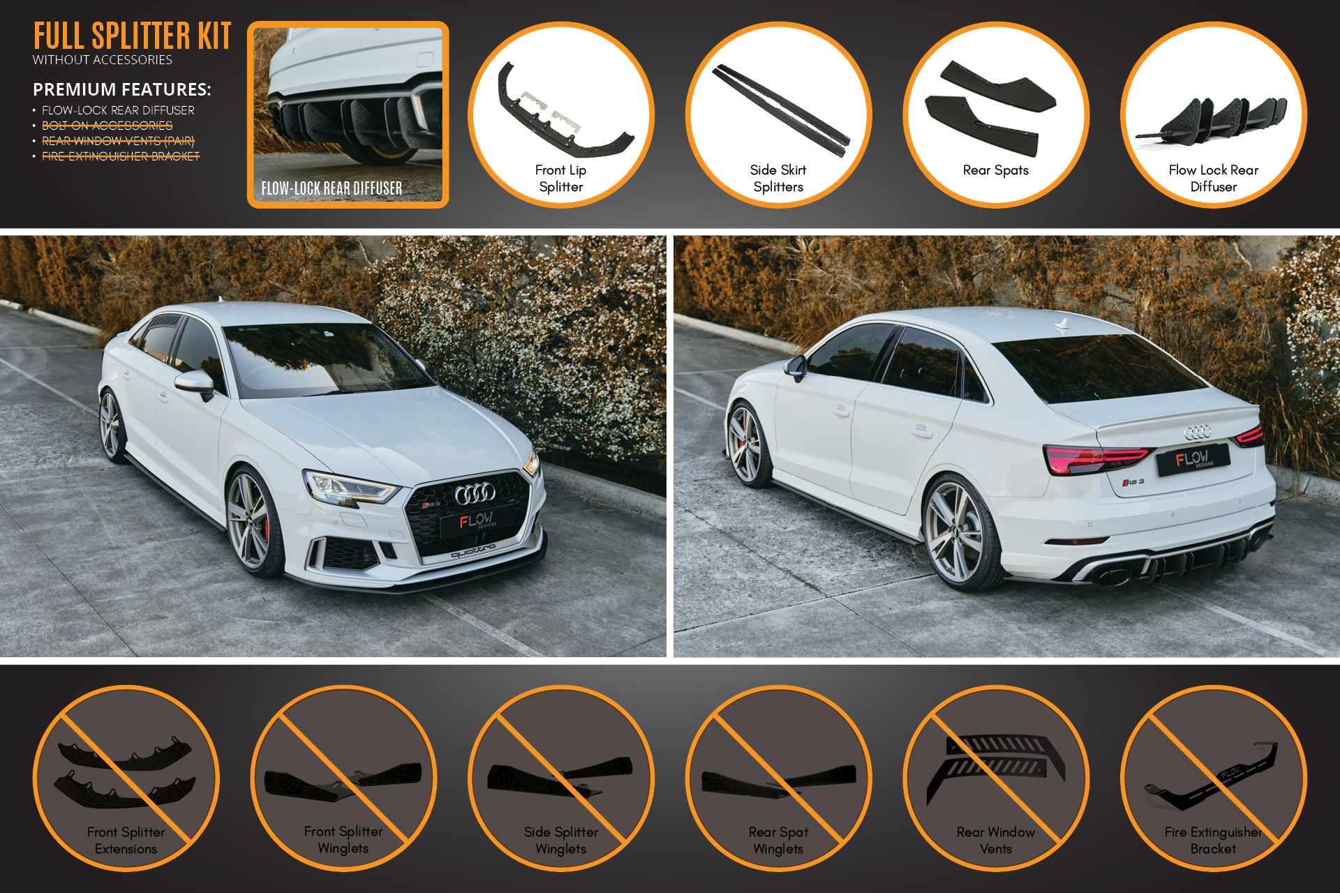 Flow Designs RS3 8V Sedan Facelift Full Lip Splitter Set - iilumolab