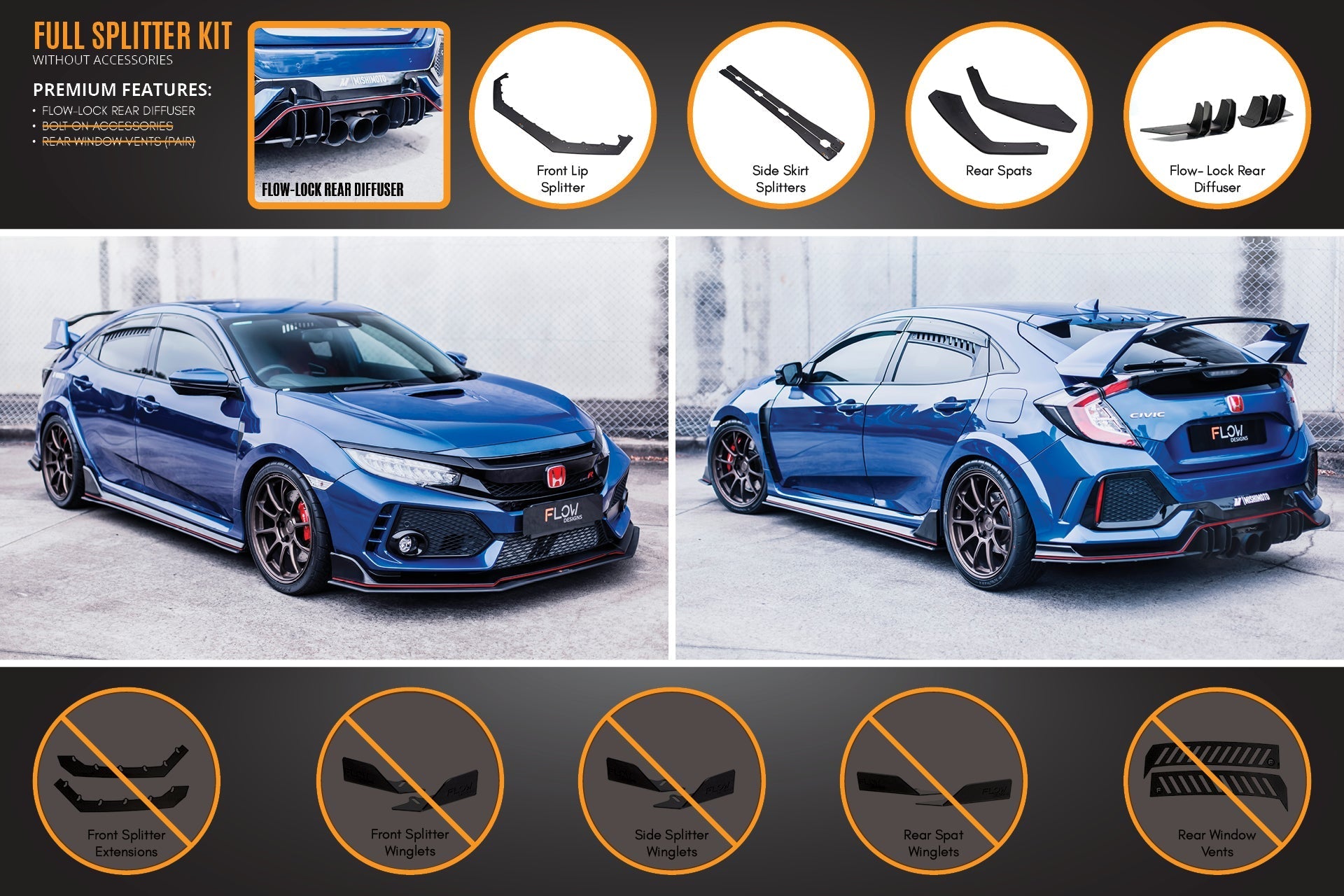 Flow Designs FK8 Civic Type R Full Lip Splitter Set - iilumolab